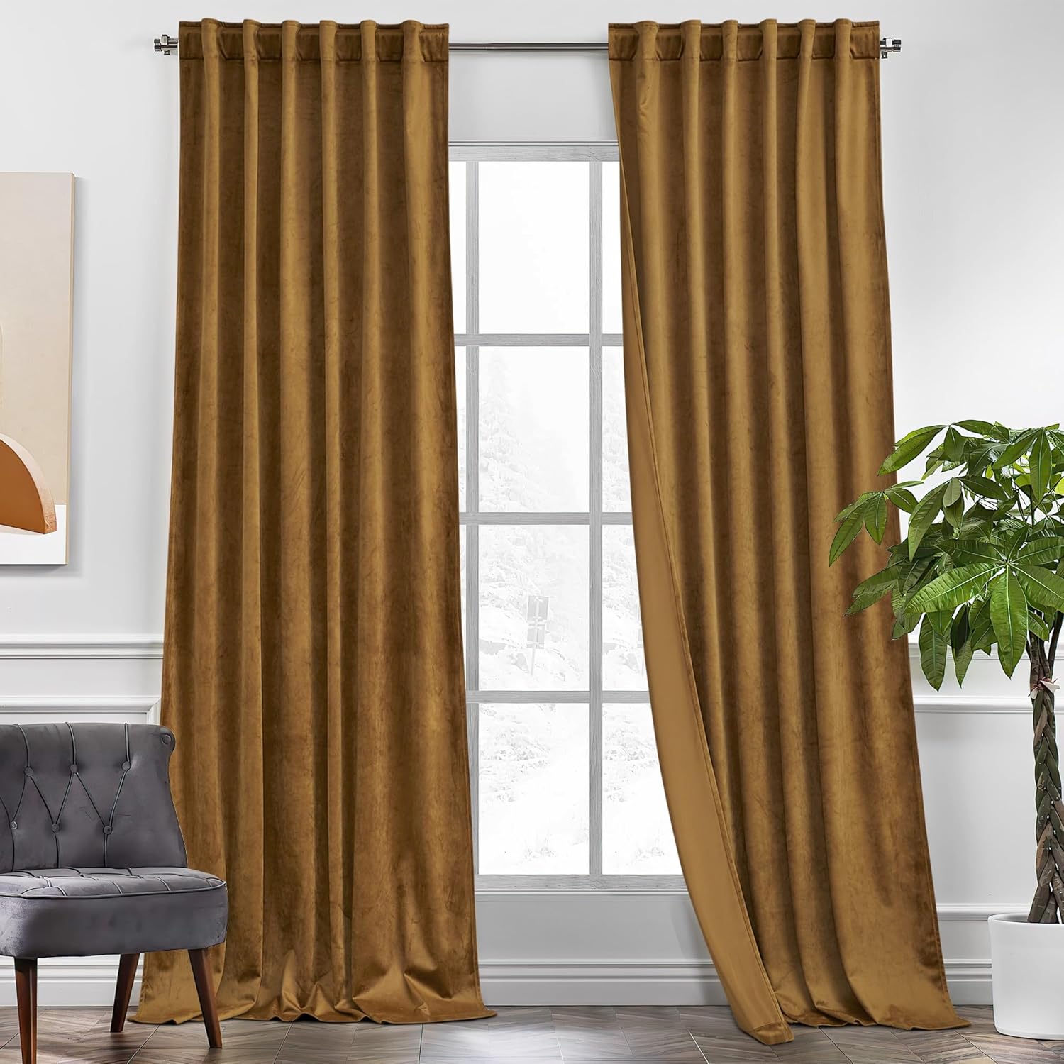 KGORGE Gold Brown Velvet Curtains 90 inches 2 Panels, Velvet Blackout Curtains f...