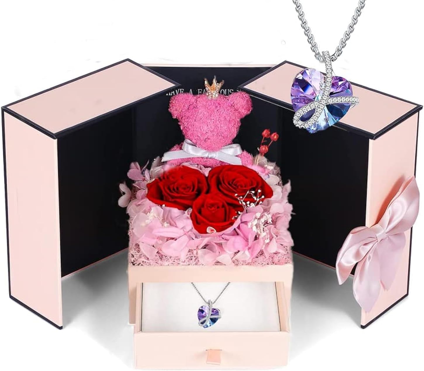 Firestyle Preserved Red Rose Moss Bear with Purple heart crystal necklace, Gifts...