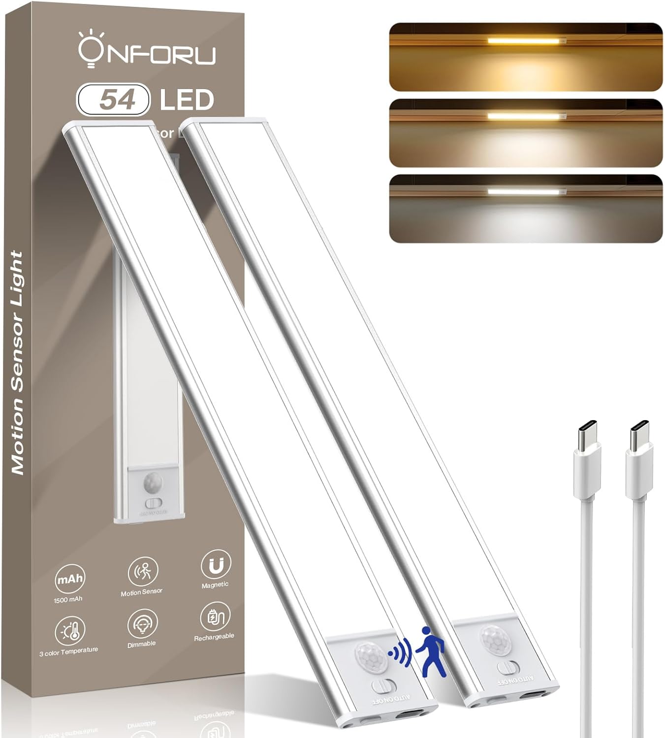Onforu Under Cabinet Lighting, 54 LED Motion Sensor Light, Dimmable & 3 Color Te...