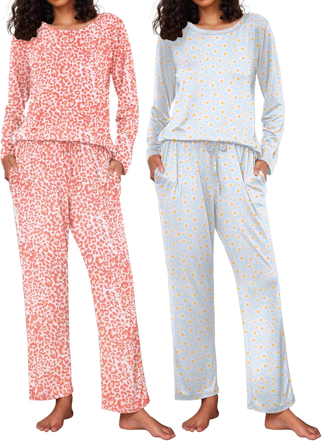 Ekouaer 2 Pack Women's Pajama Set Soft Long Sleeve Sleepwear Loungewear Pjs Sets...