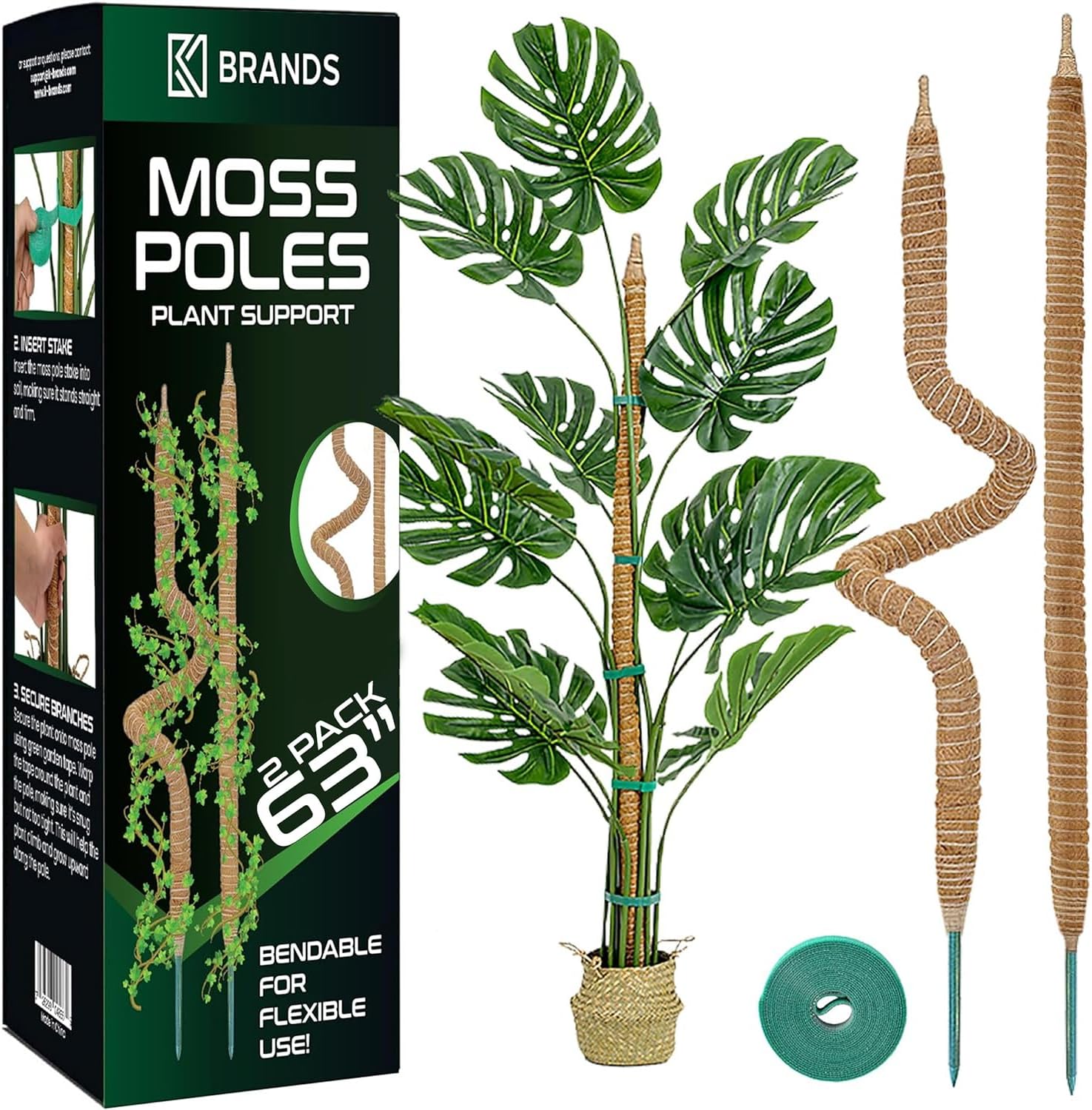K-Brands 2 Pack Moss Pole - 63'' Bendable Monstera Support - Moss Poles for Clim...