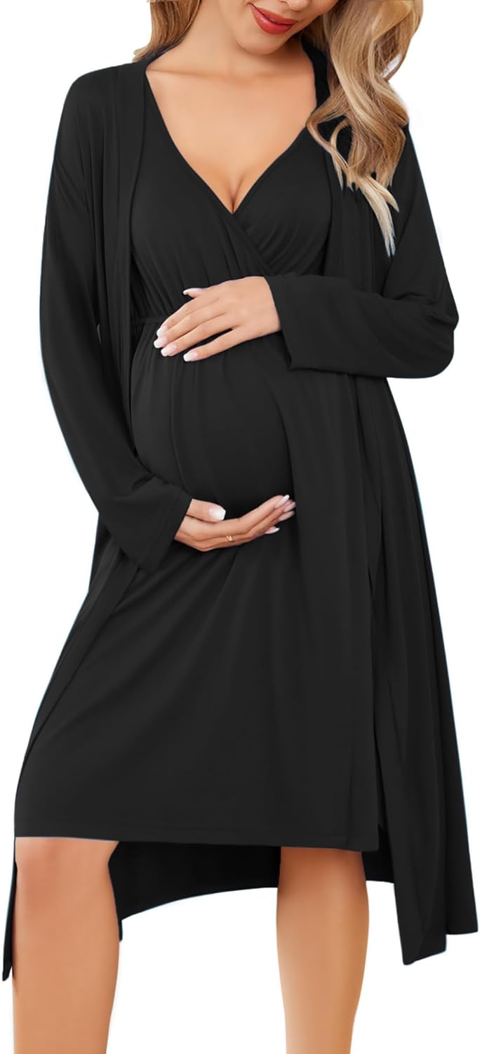 Ekouaer Maternity Nursing Gown and Robe Set Labor Delivery Nursing Nightgowns fo...