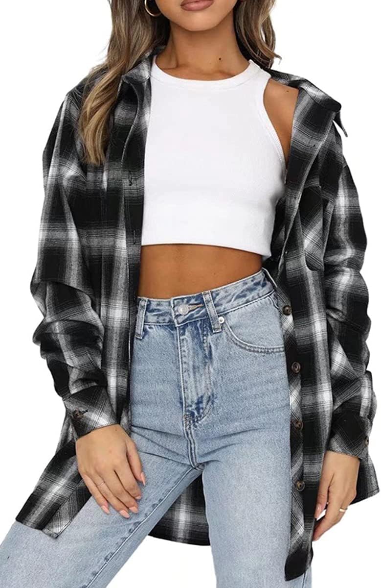 CHYRII Womens Button Down Flannel Shirts Long Sleeve Plaid Shackets Business Cas...