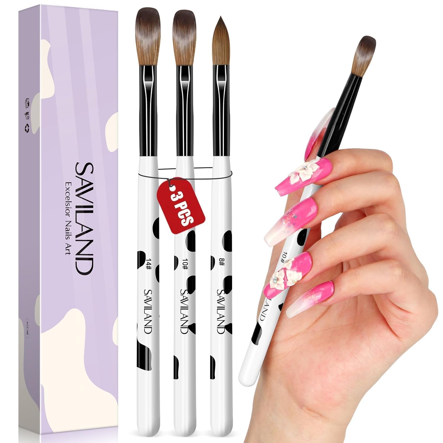 Saviland 3pcs Acrylic Nail Brush Set, Size 8/10/14 Kolinsky Acrylic Nail Brushes...