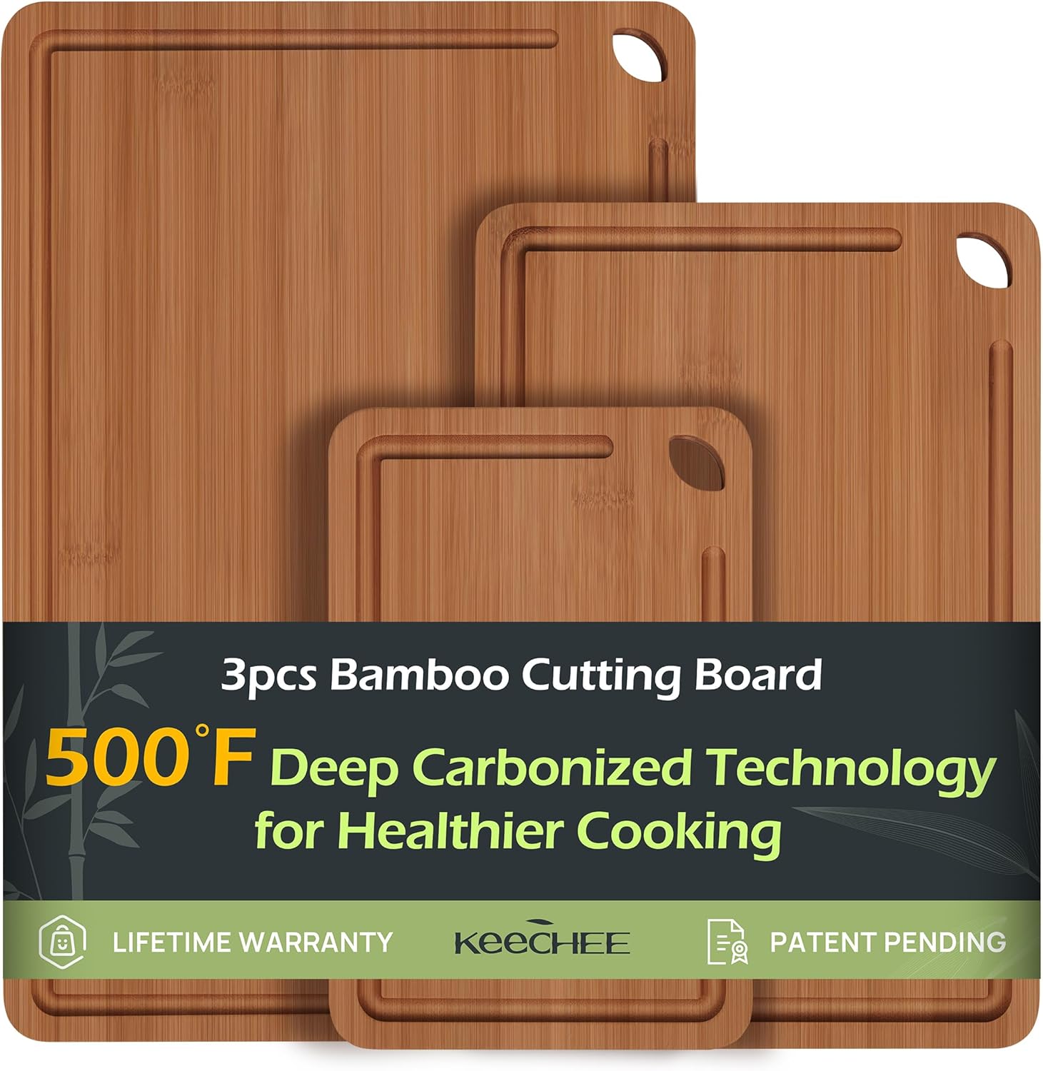 Bamboo Cutting Board, Durable Wood Cutting Boards for Kitchen with Deep Juice Gr...