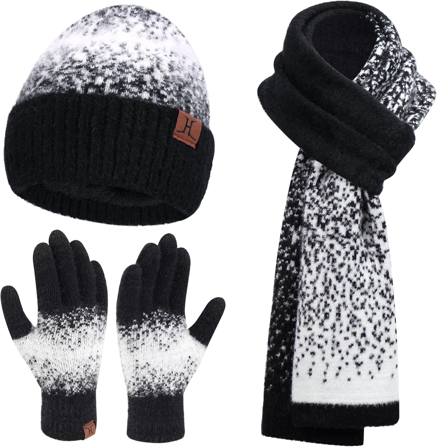 Womens Winter Knit Beanie Hats and Touchscreen Gloves Long Scarf Set with Warm F...