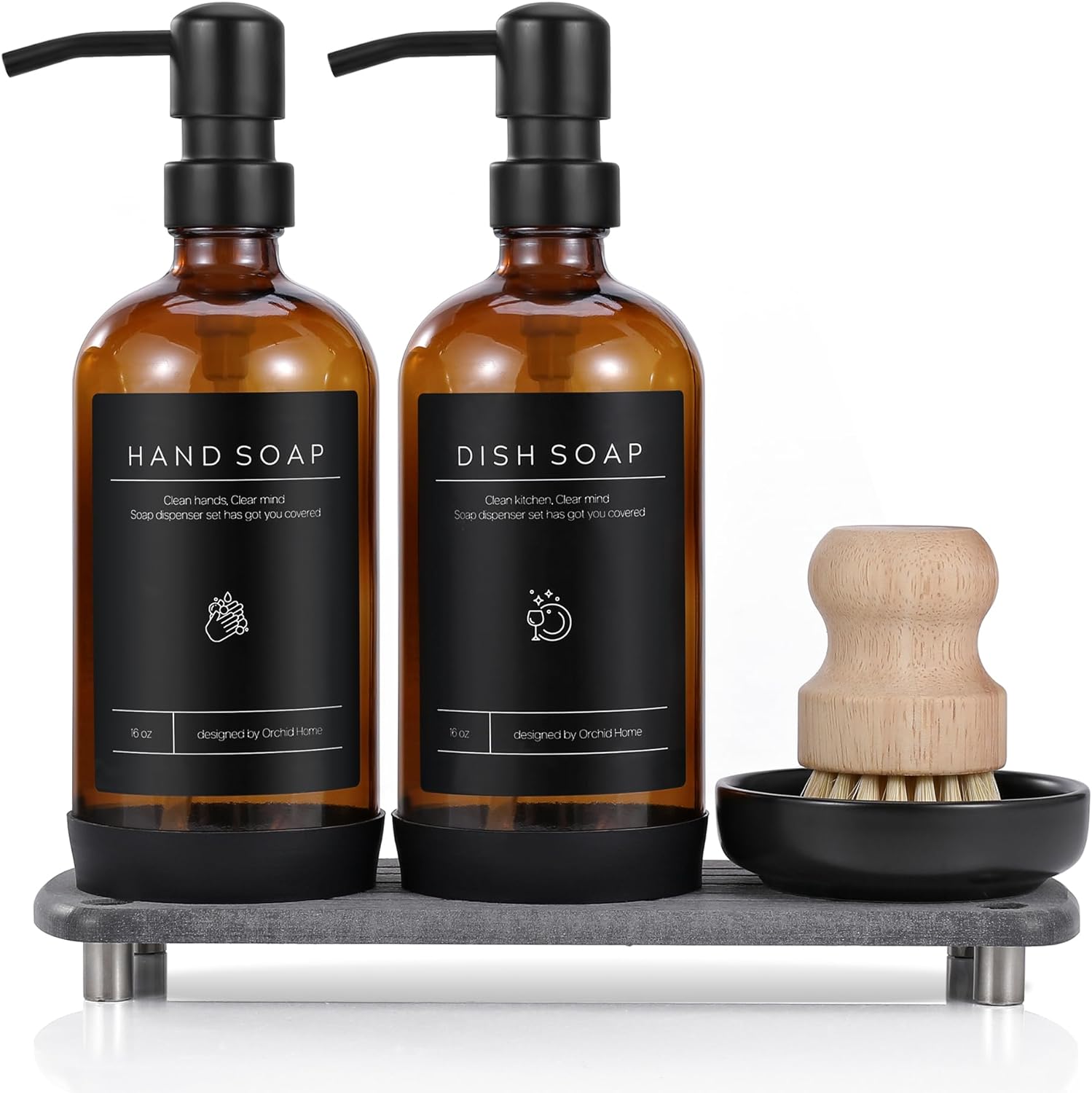 [Luxury] Kitchen Soap Dispenser Set - 16OZ Amber Glass Bottle, Stainless Steel P...