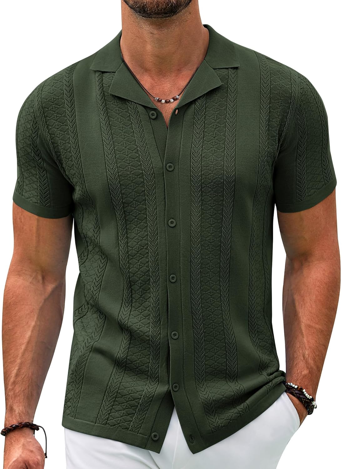 COOFANDY Men's Knit Shirts Vintage Short Sleeve Button Down Shirt Casual Summer...