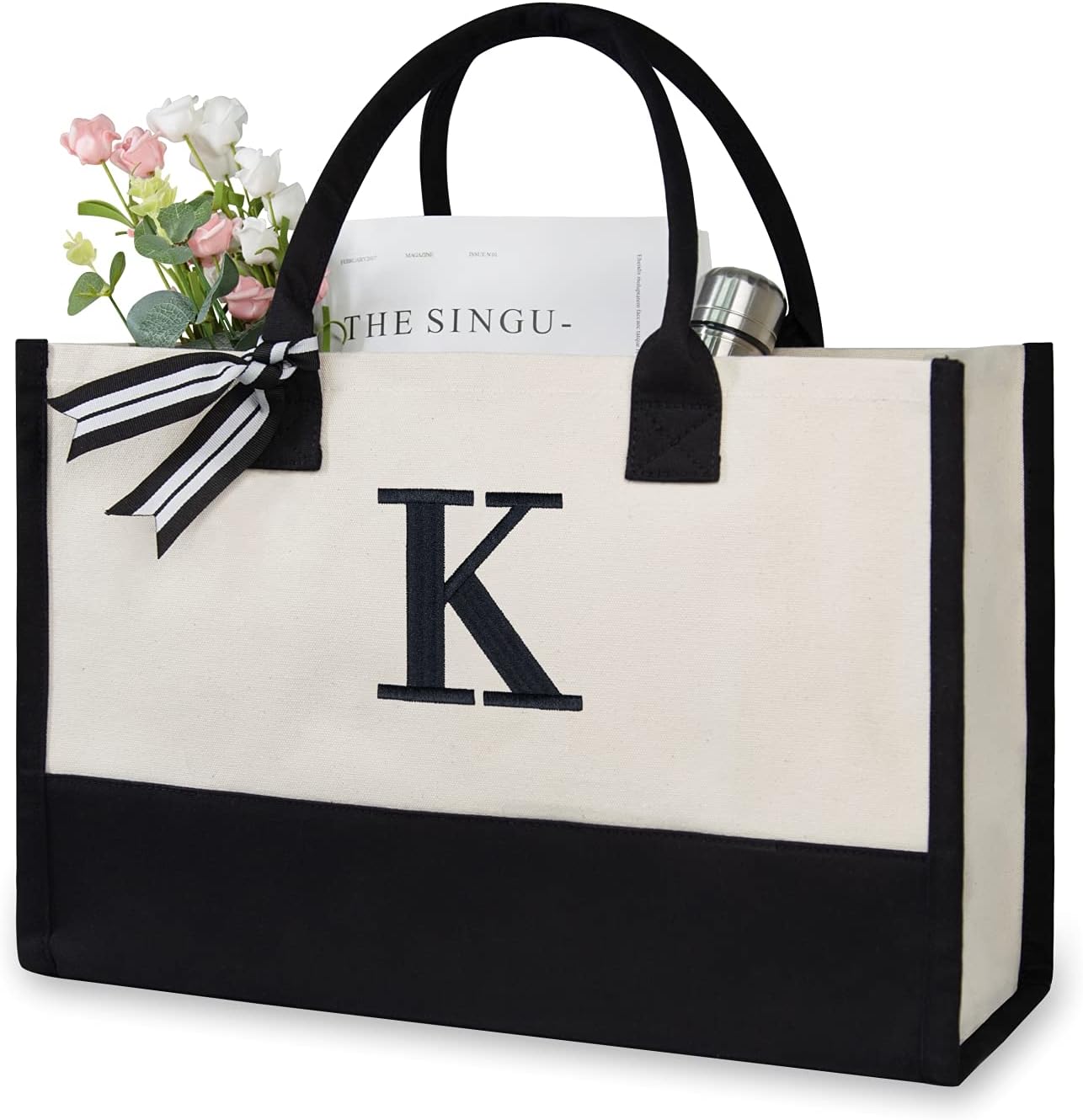 Personalized Initial Canvas Beach Bag, Monogrammed Gift Tote Bag for Women K
