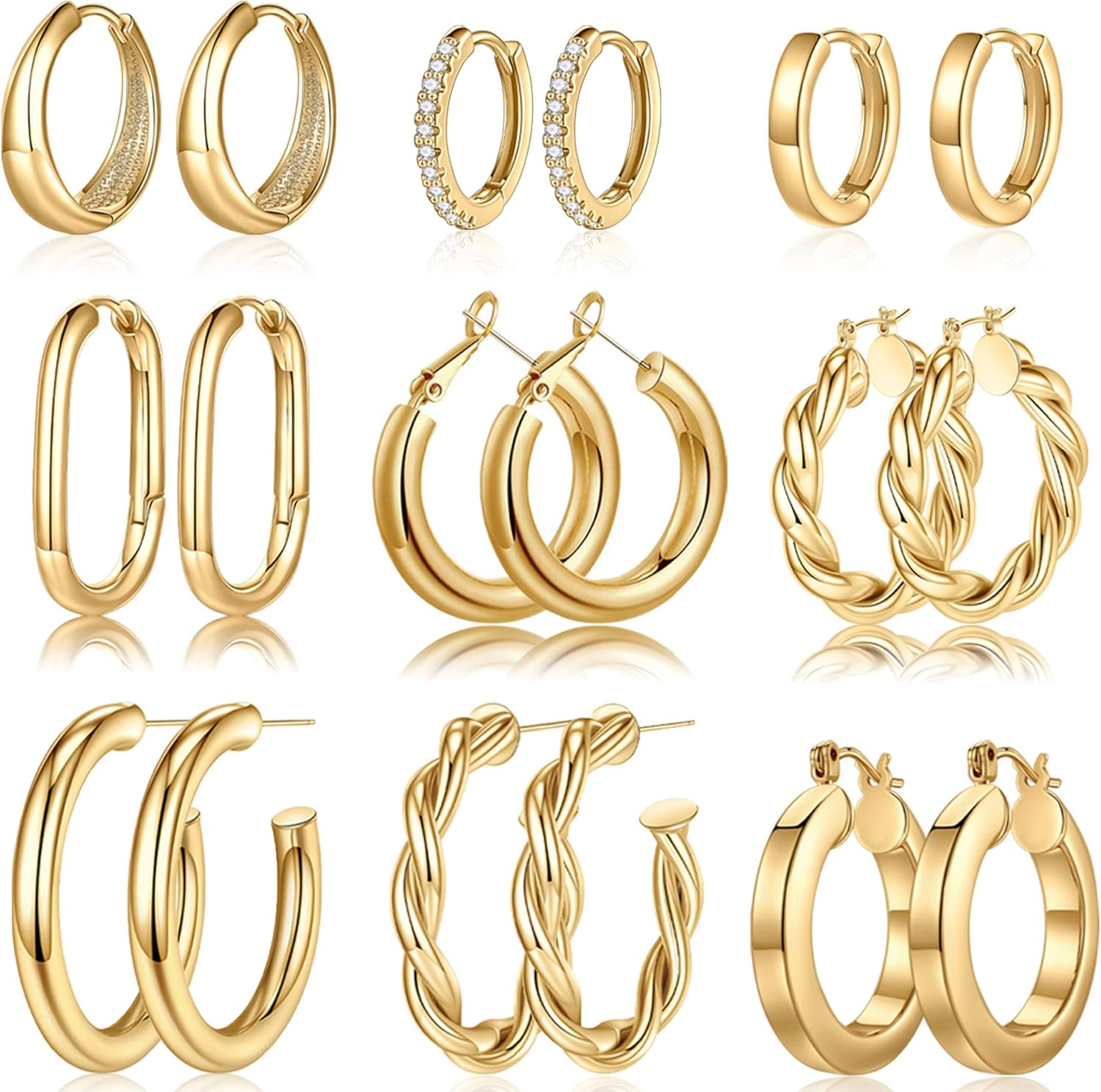 Yesteel 9 Pairs Gold Hoop Earrings for Women, 14K Real Gold Plated Chunky Hoop E...