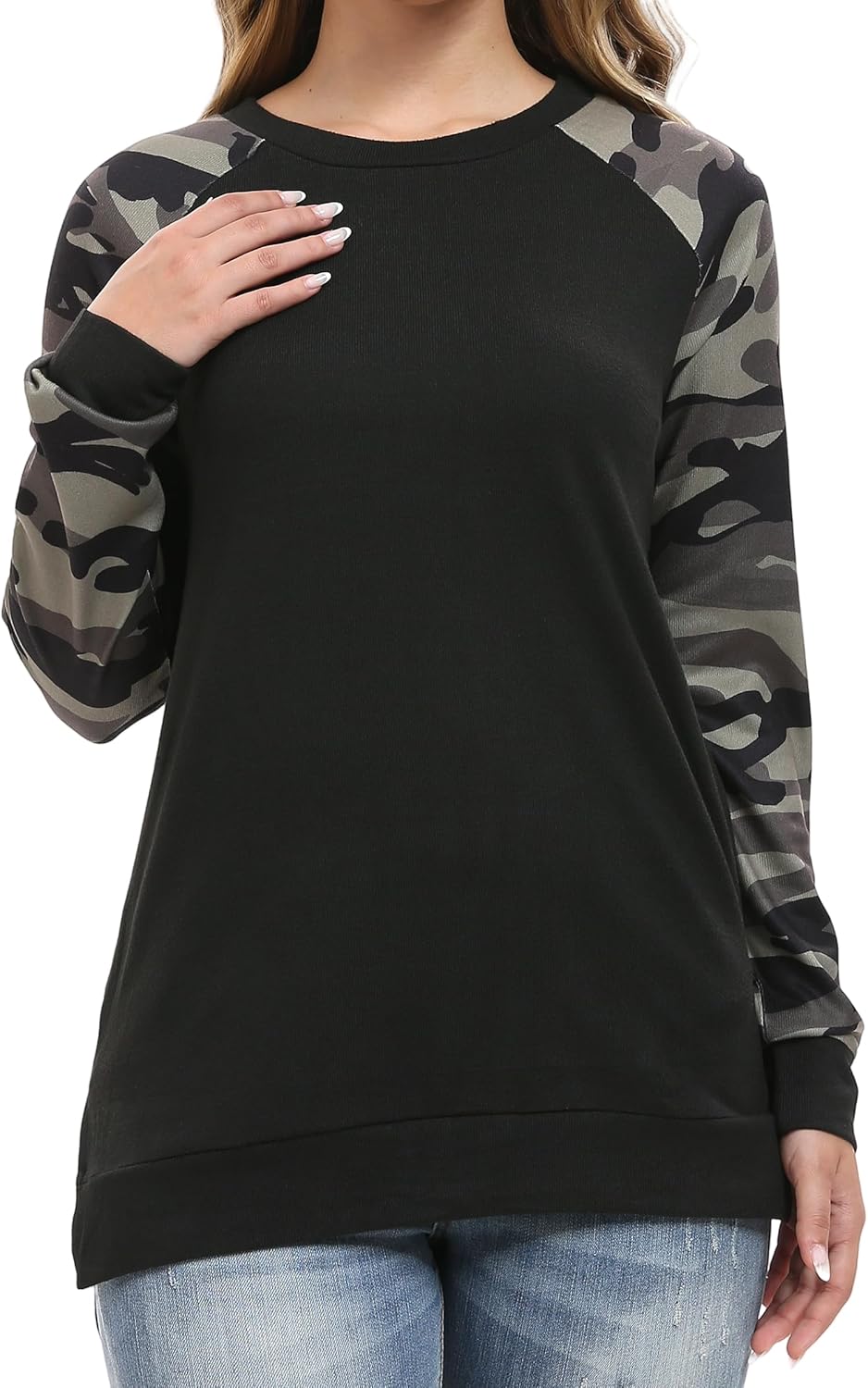 levaca Womens Long Sleeve Tops Casual Dressy Pullover Tunic Shirts Black/Camo X-...