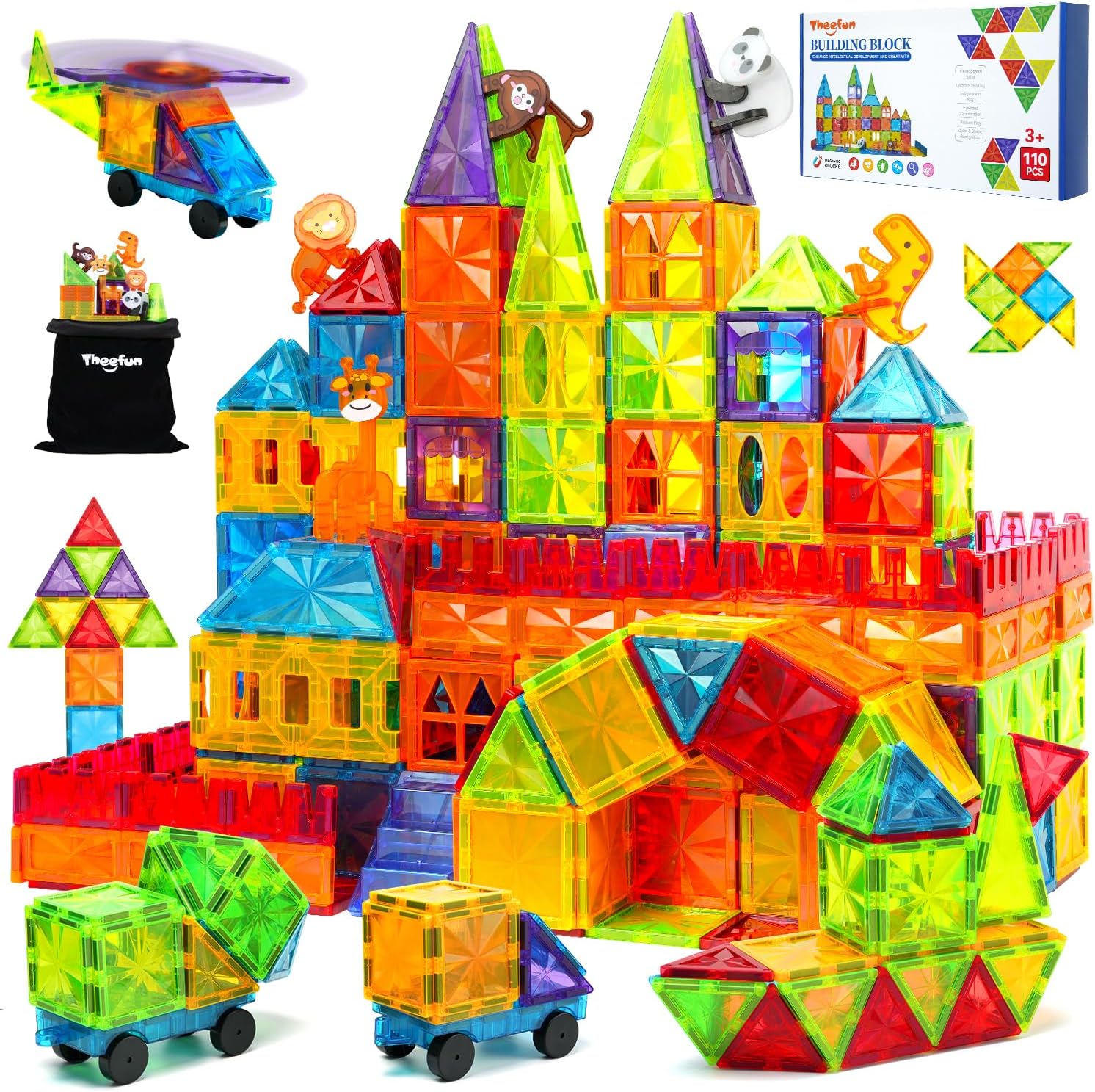 Theefun Magnetic Tiles, 110pcs Magnetic Building Blocks Toys for 3 4 5 6 7 Year...