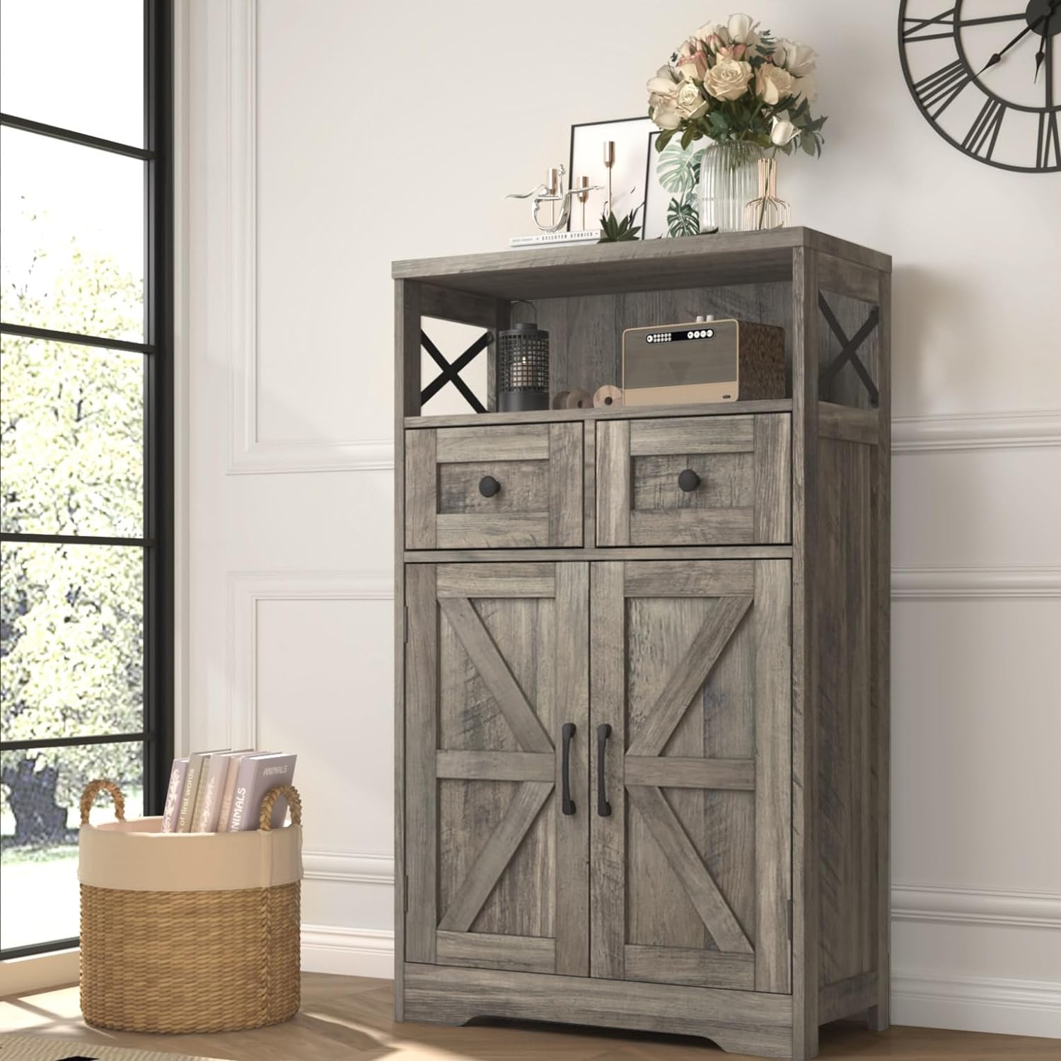 Farmhouse Storage Cabinet with Drawers and Shelf, Freestanding Kitchen Pantry St...