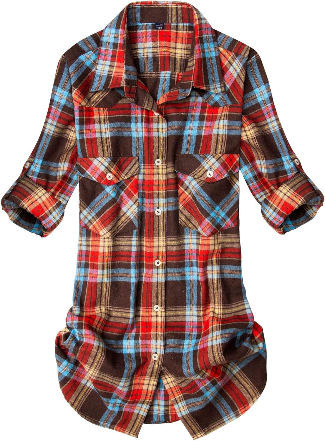 Alimens & Gentle Womens Plaid Flannel Shirts Long Sleeve Roll Up Casual Button D...