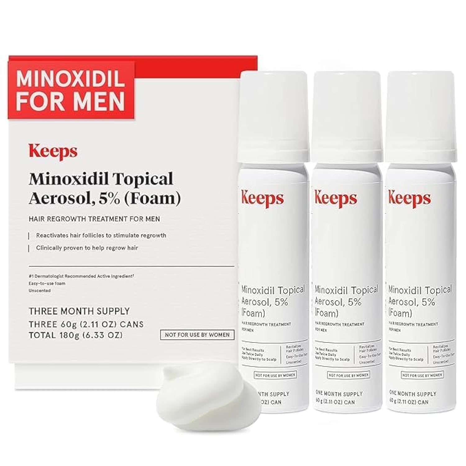 Keeps Extra Strength Minoxidil for Men Topical Aerosol Foam 5%, Hair Growth Trea...