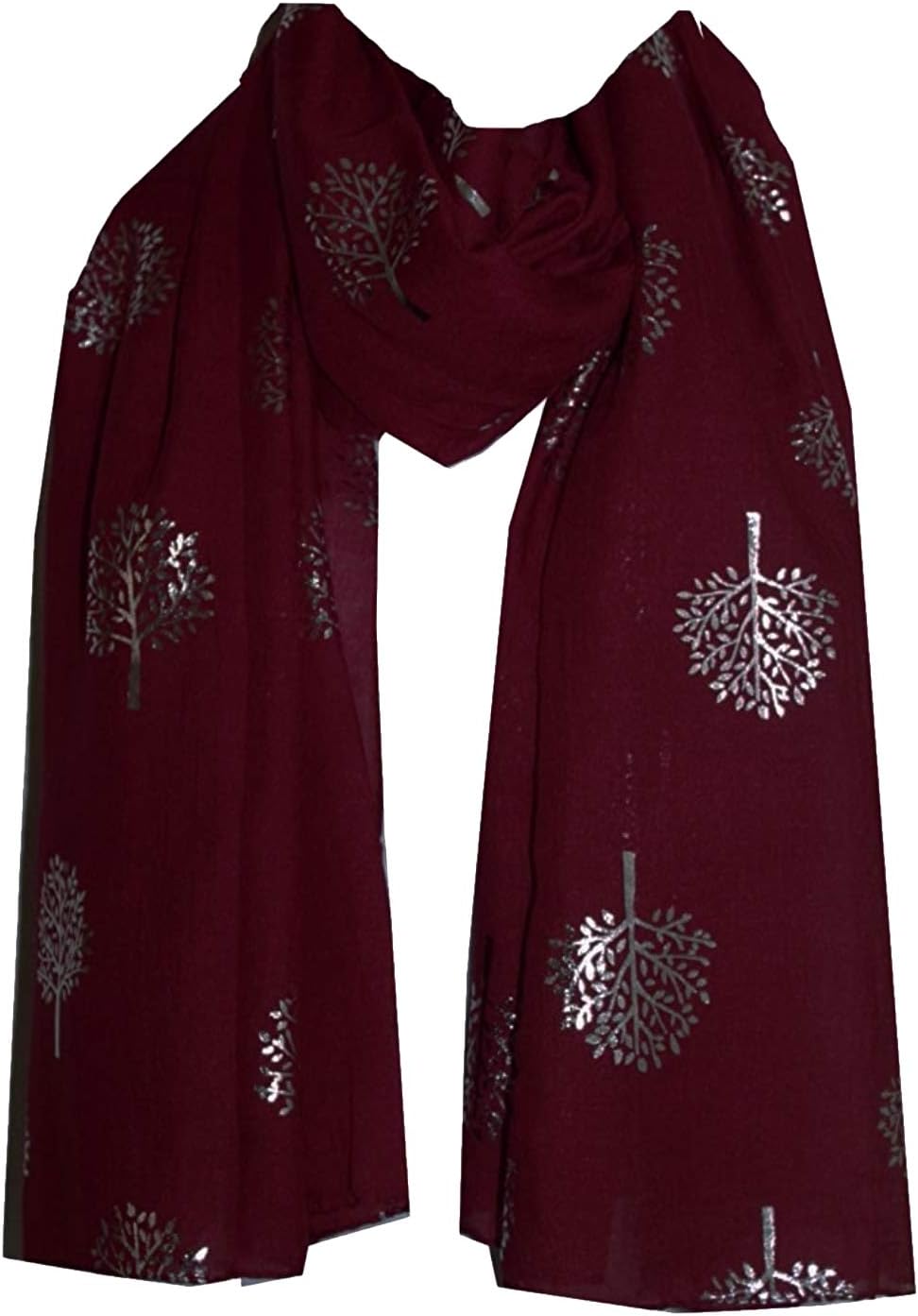 World of Shawls Silver Foil Mulberry Tree Print Fashion Scarf Maroon