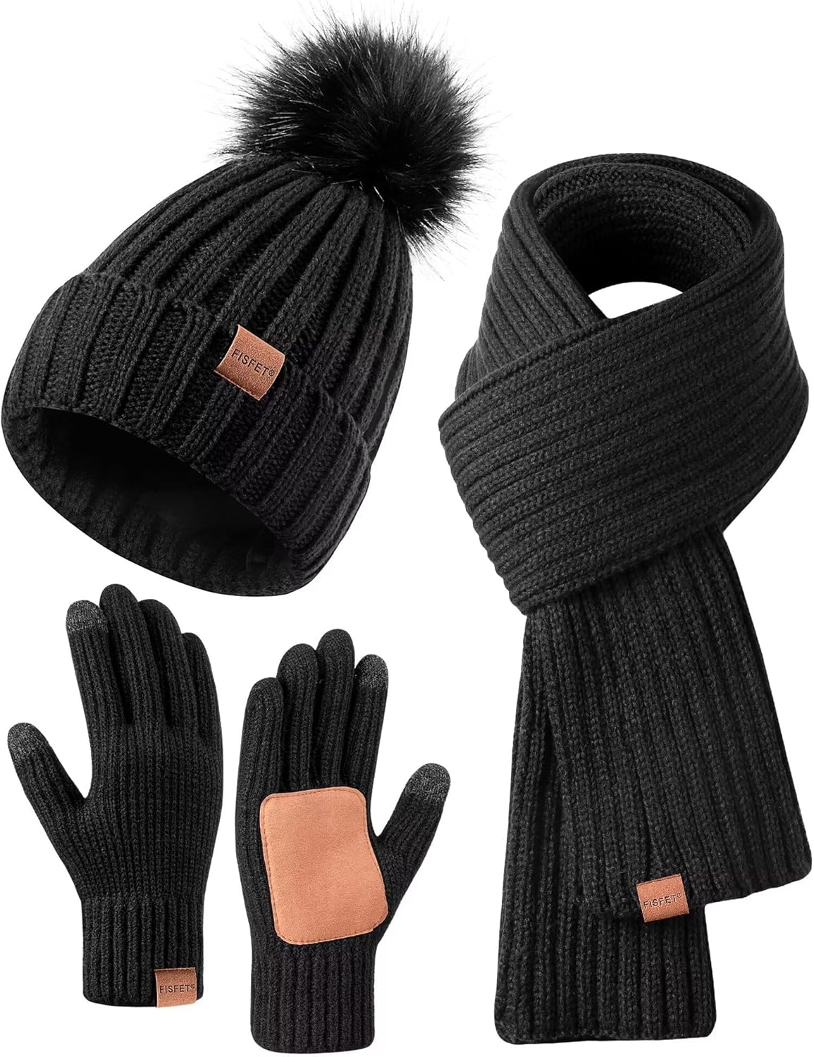 Winter Beanie Hat Scarf Gloves Set for Women, Womens Beanie with Pom Pom Long Sc...