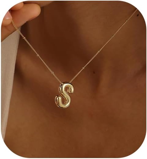 Gold Bubble Letter Necklace for Women, 14k Gold Plated Balloon Initial Letter Pe...