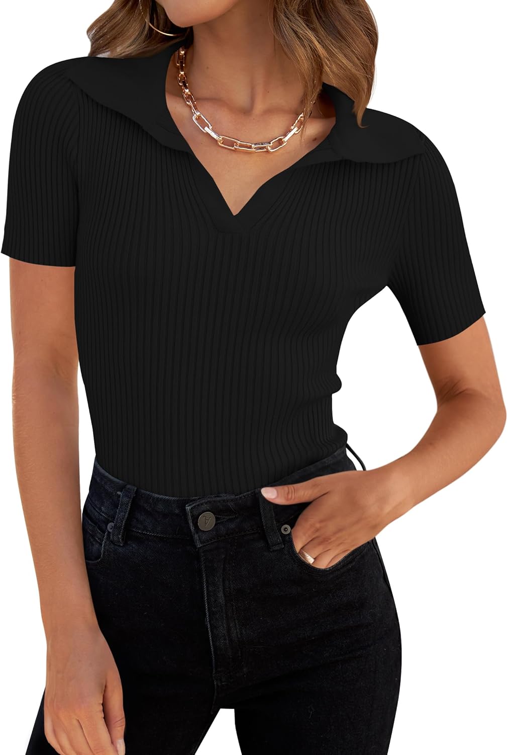 ZESICA Women's Short Sleeve V Neck T Shirts 2025 Summer Ribbed Knit Slim Fitted...