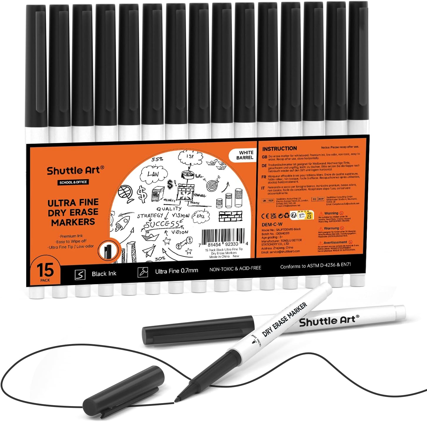 Shuttle Art Ultra Fine Tip Whiteboard Pens, 15 Pack Black Whiteboard Markers Era...