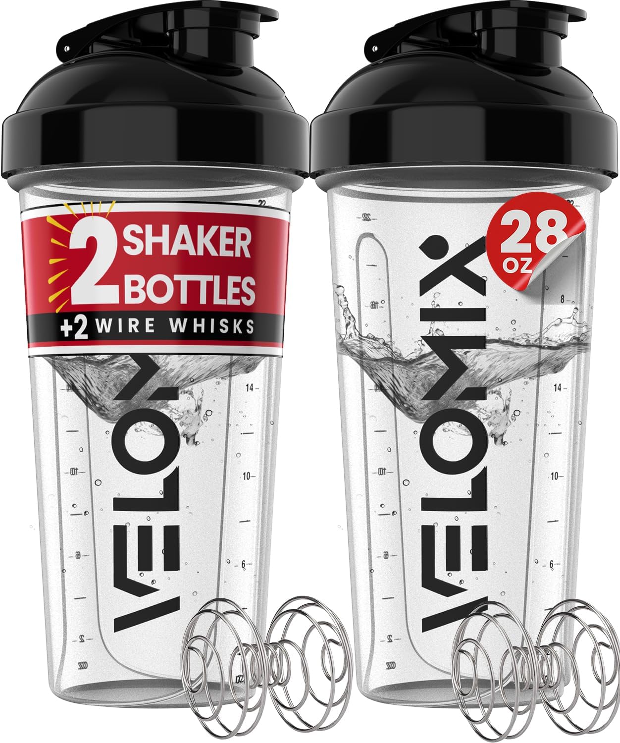 -2 Pack- 28 oz Protein Shaker Bottles for Protein Mixes - 2x Wire Whisk | Leak P...