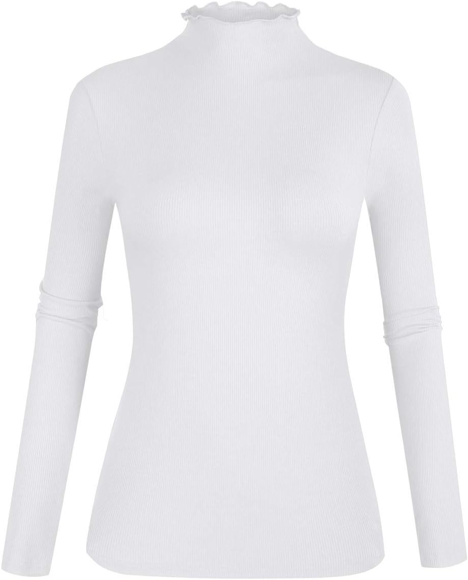 POPZONE Women's Lettuce Trim Mock Neck Long Sleeve Slim Fit Ribbed Knit Tee Shir...