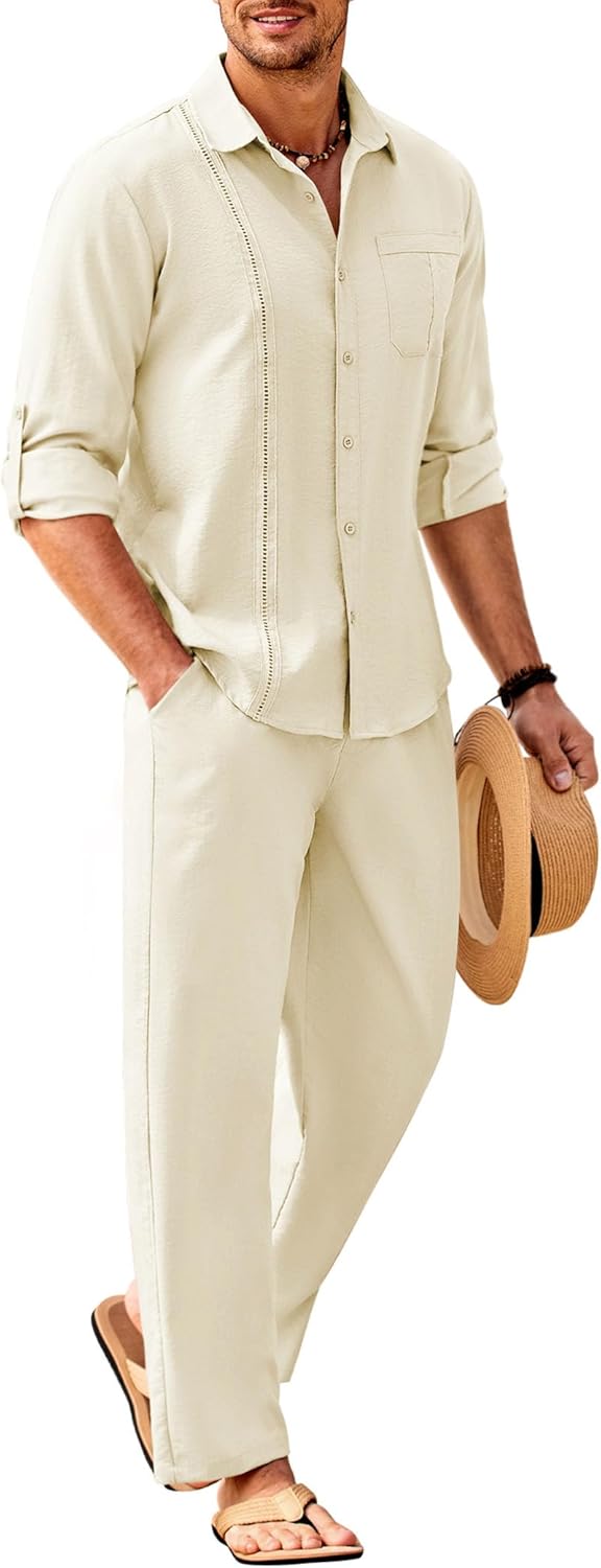 COOFANDY Mens Linen Sets 2 Piece Long Sleeve Button Down Cuban Shirt and Pants S...