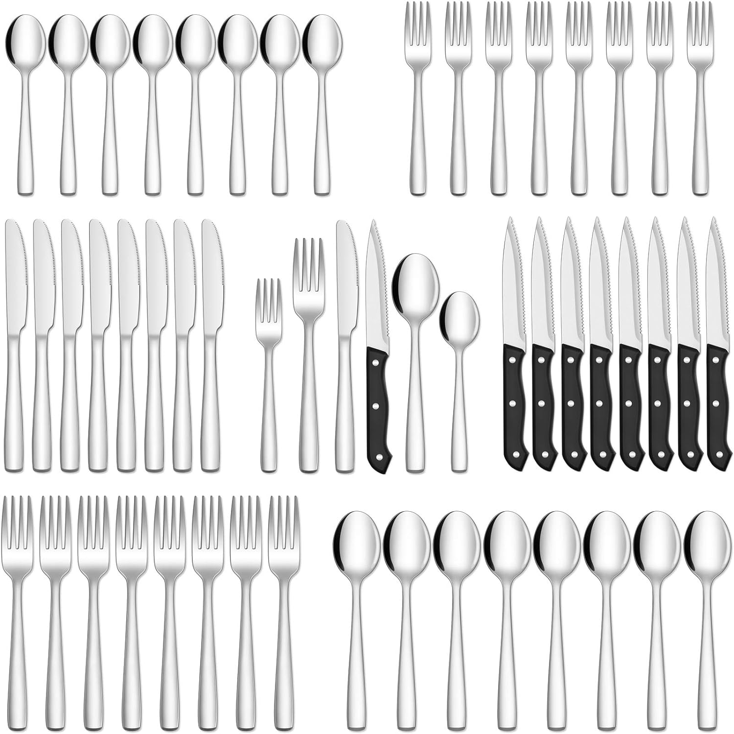 HIWARE 48-Piece Silverware Set with Steak Knives for 8, 18/8 Stainless Steel Fla...