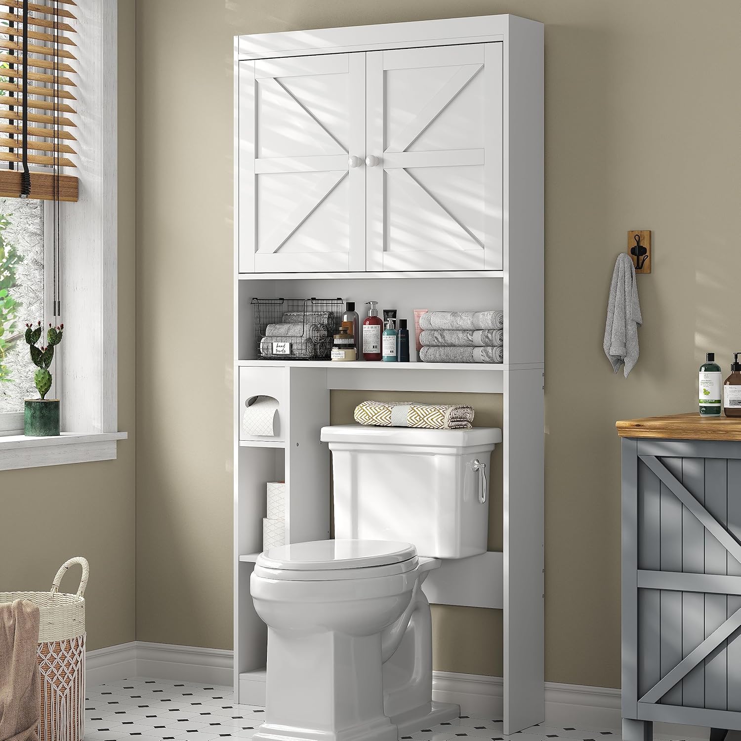 Over The Toilet Storage Cabinet with Barn Doors, 32.3''W Free Standing Toilet St...