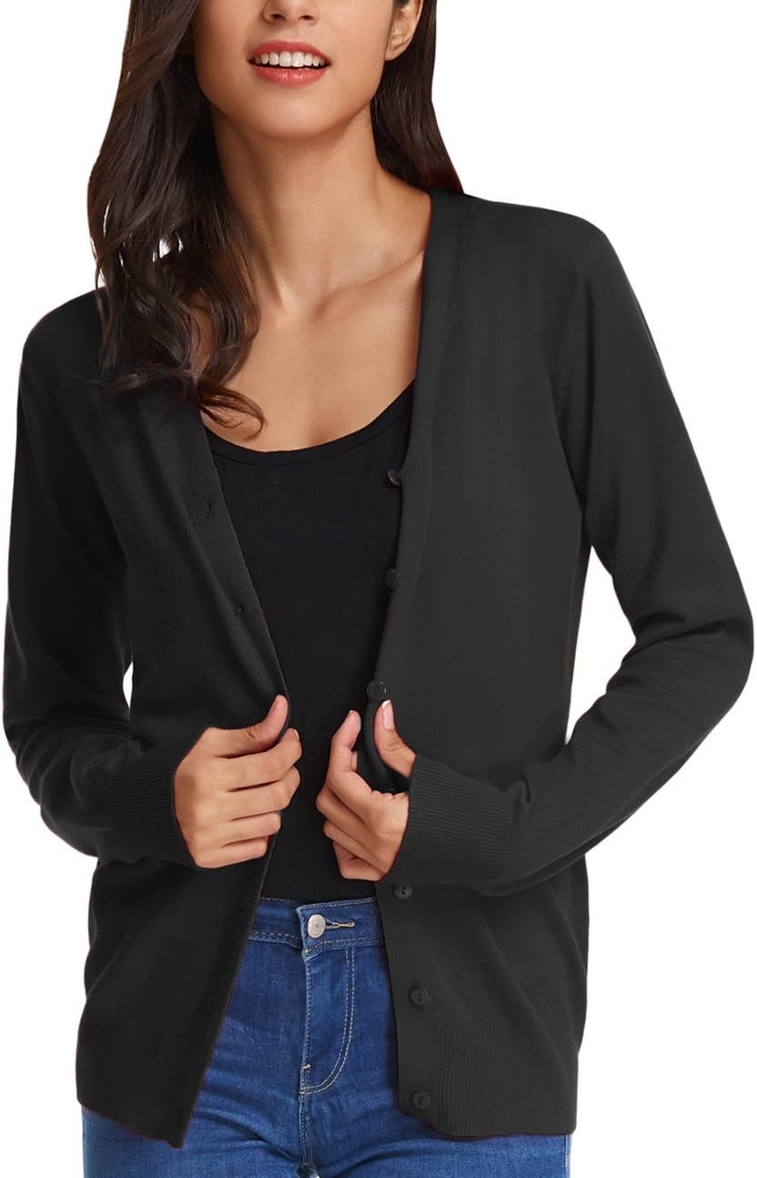GRACE KARIN Women's Long Sleeve Button Down Vee Neck Classic Sweater Knit Cardig...
