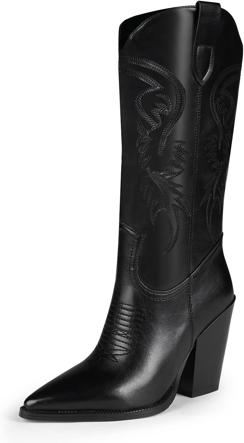 ISNOM Cowboyl Boots Cowgirl Boots for Women, Pointed Toe Chunky Heel Western Boo...