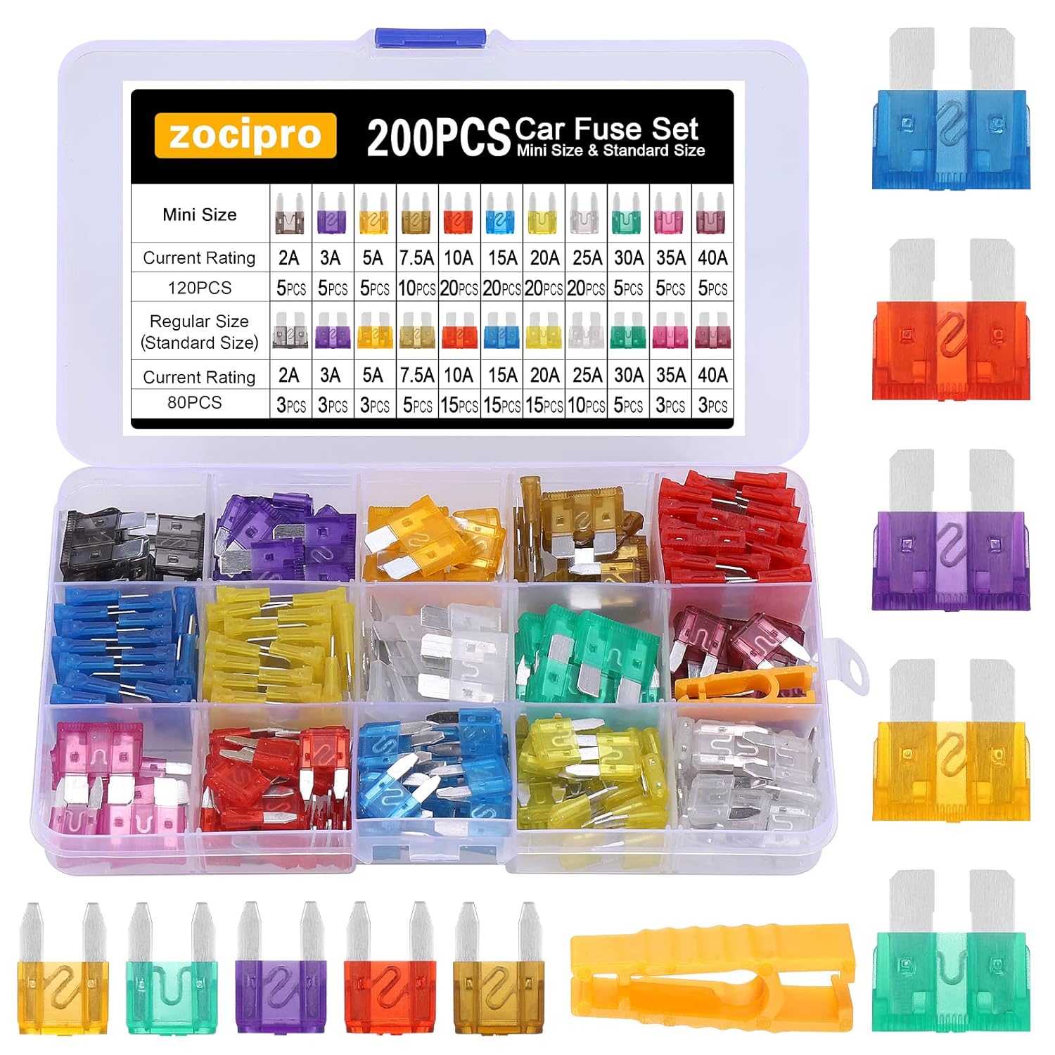 Zocipro 200Pcs Car Fuses Assorted, 120 Mini Blade Fuse +80 Standard Car Fuse+1 F...
