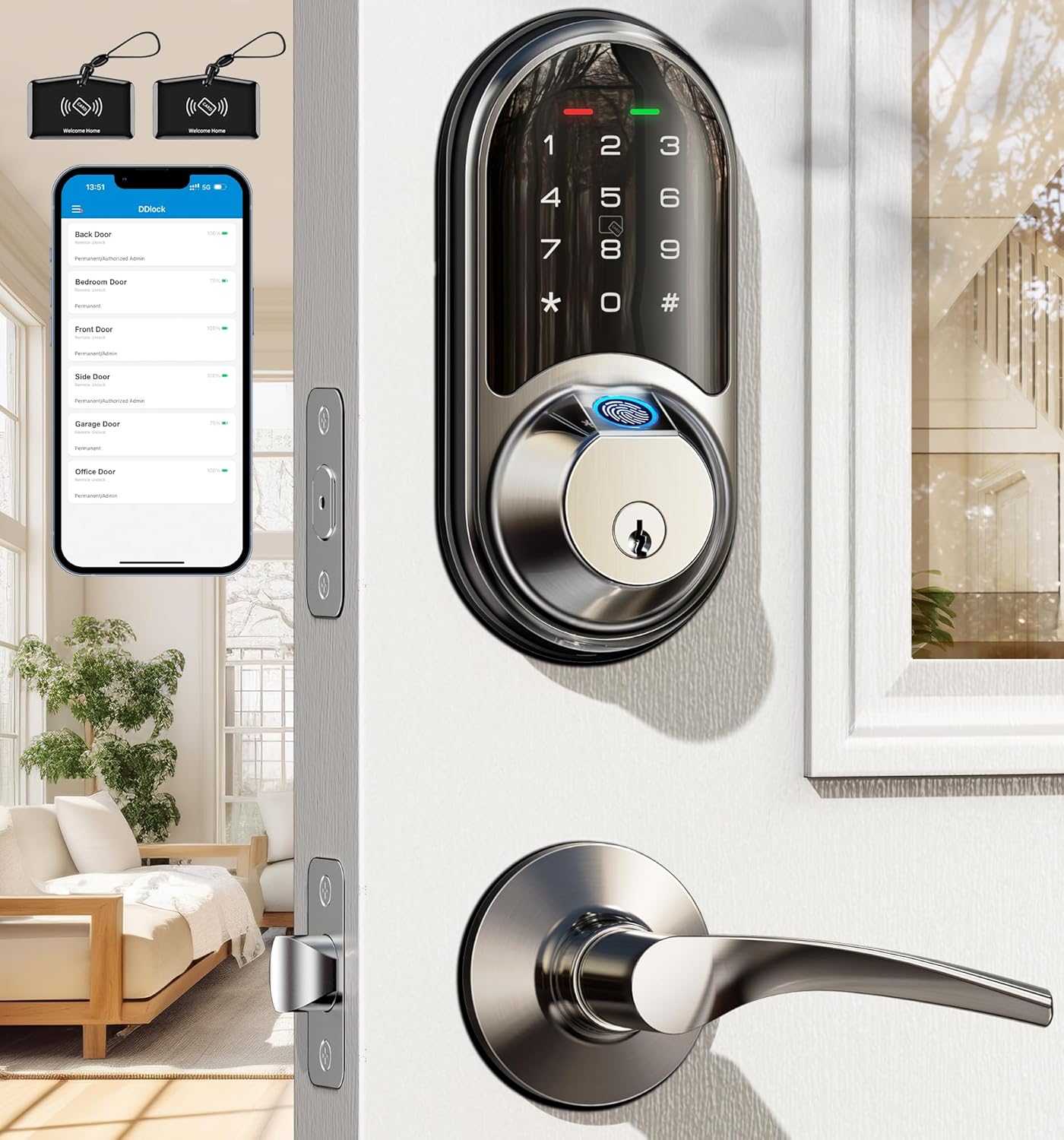Veise Smart Locks for Front Door, 2 Lever Handles, Fingerprint Keyless Entry, Ap...