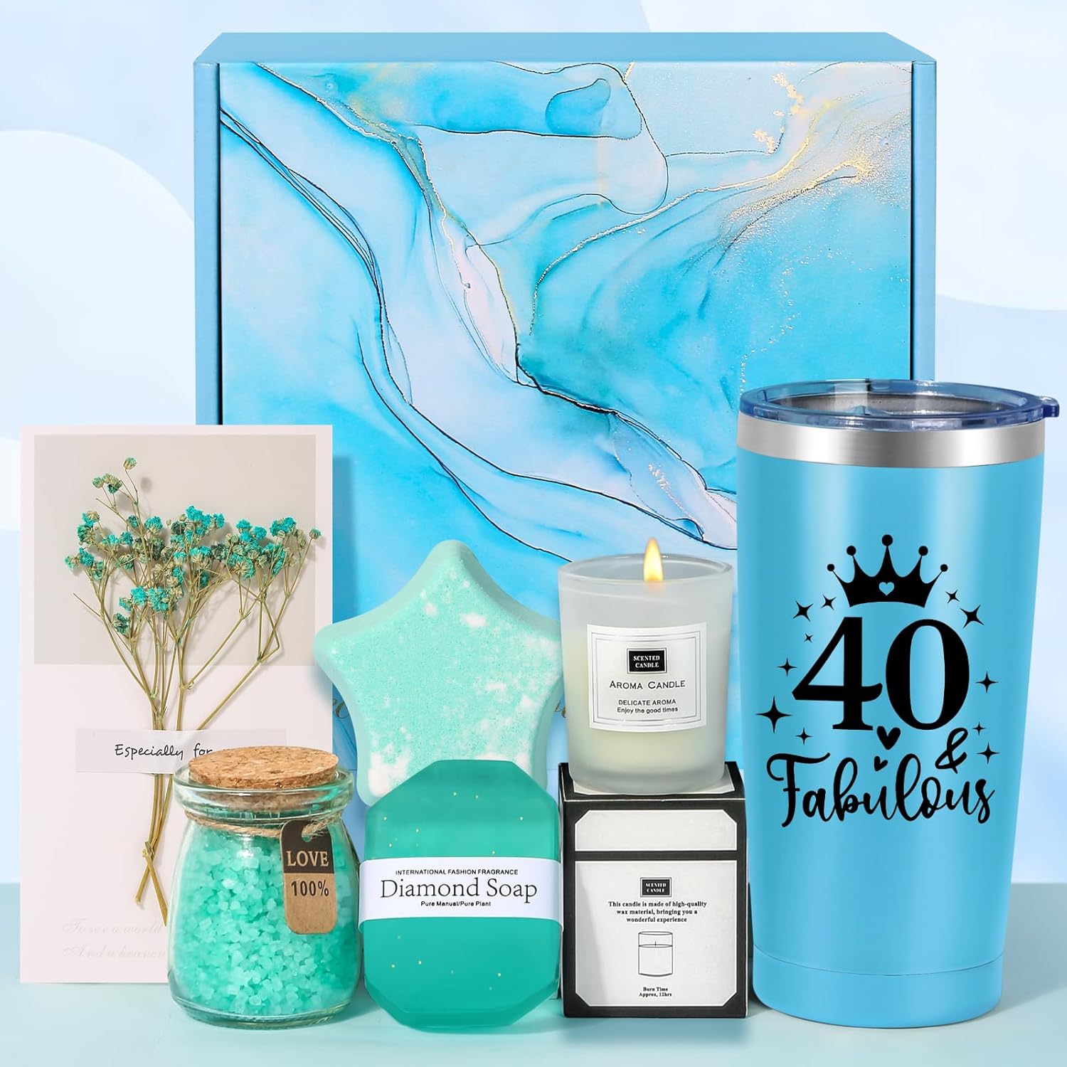 40th Birthday Gifts for Women, Unique Blue Self Care Package Relaxation Spa Bath...
