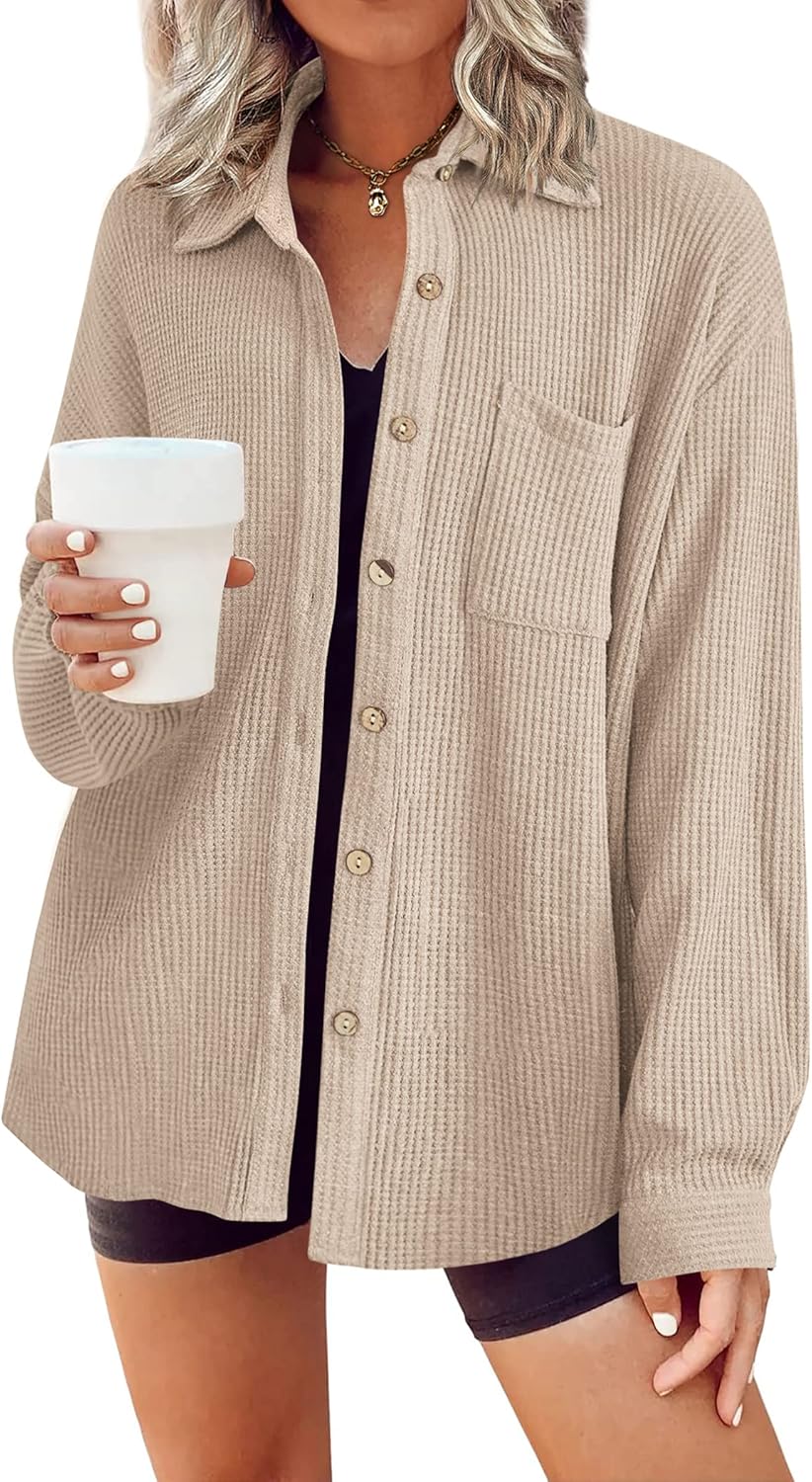 HOTOUCH Waffle Button Down Shirt Women Dressy Casual Knit Tops Long Sleeve Loose...