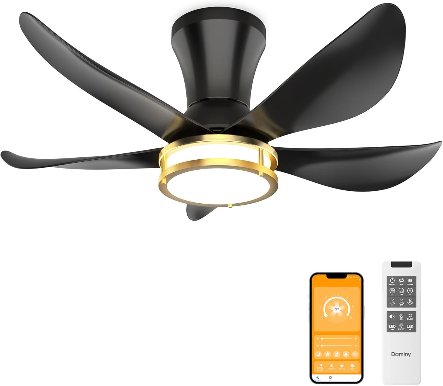 DAMINY 30 Inch Black and Gold 5 Blade Ceiling Fan with Light, Modern Ceiling Fan...