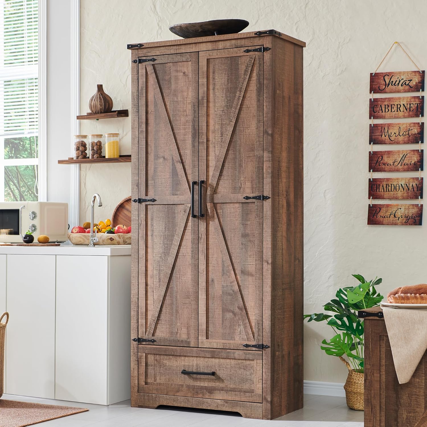 Farmhouse Kitchen Pantry Cabinet - 72" Tall Wood Kitchen Storage Cabinets with A...
