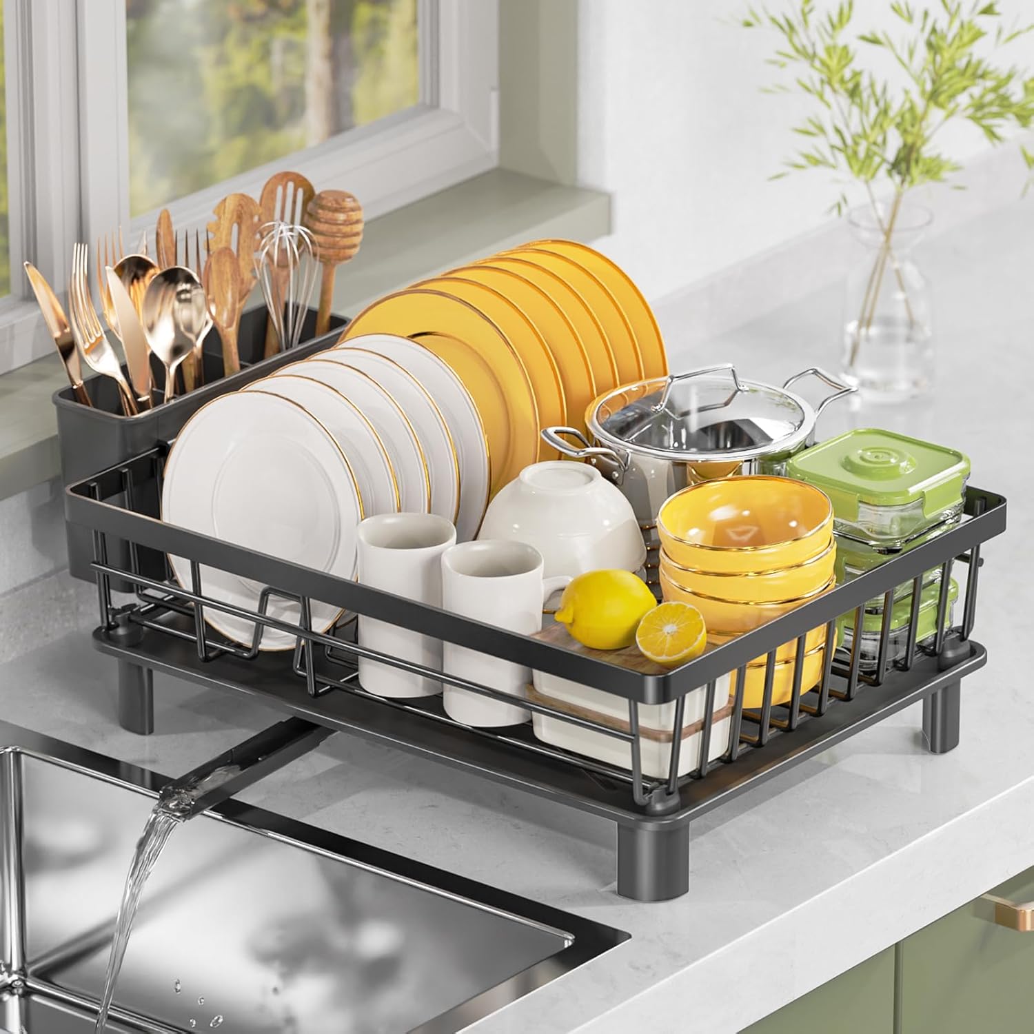 LIONONLY Dish Drainer Rack with Drip Tray,Detachable Large Dish Drying Rack for...
