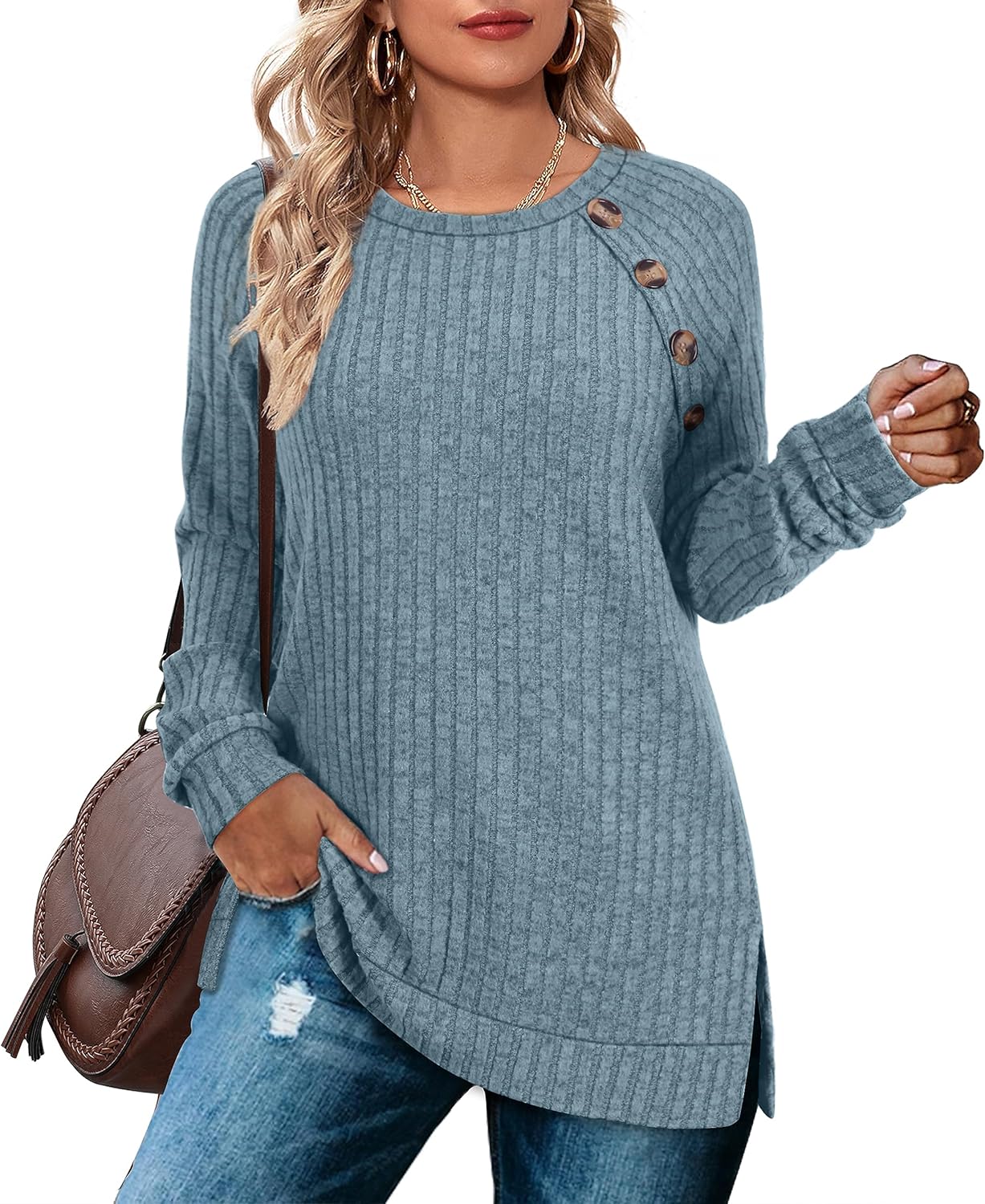 Aokosor Long Sleeve Tops Women Lightweight Jumpers Ladies Button Side Splits Tun...