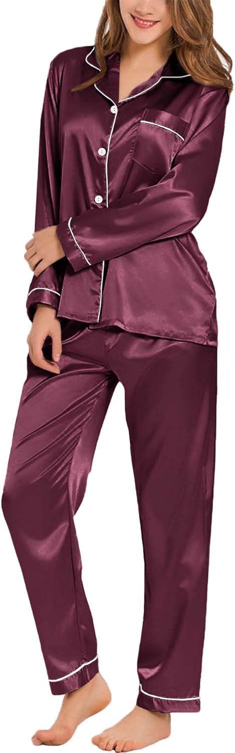 SWOMOG Women's Pyjama Set Silk Satin Long Sleeve Button Down Pyjamas Two Piece C...