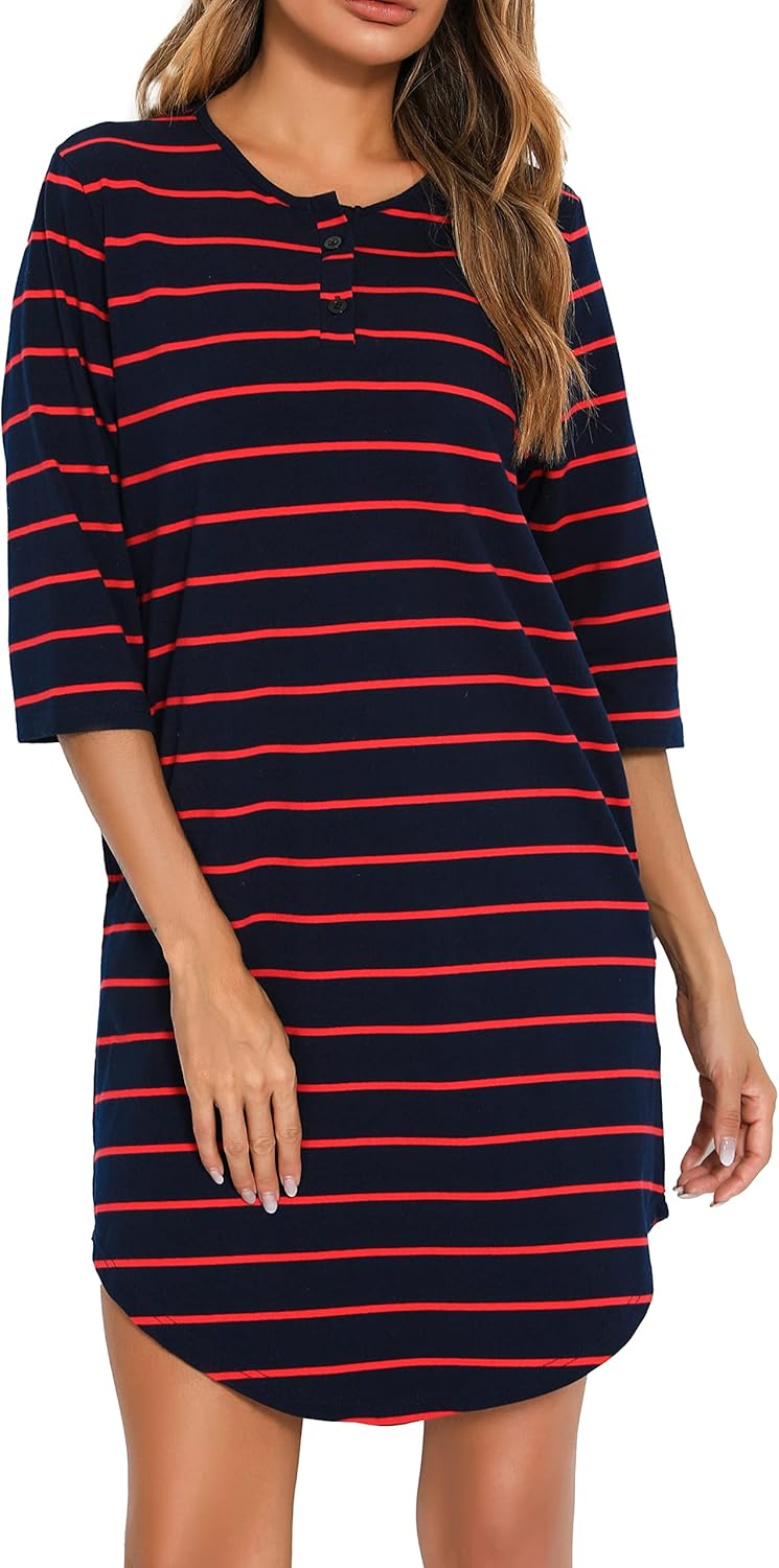 Vlazom Women’s Nightdresses Soft Cotton Nightshirt Stripe 3/4 Sleeve Sleep Dress...