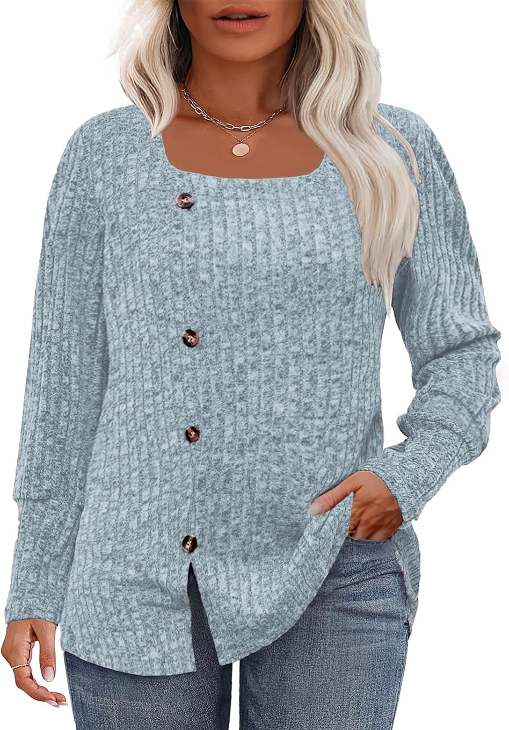 Plus Size Sweaters for Women Long Sleeve Square Neck Shirts Buttons Fashion Dres...