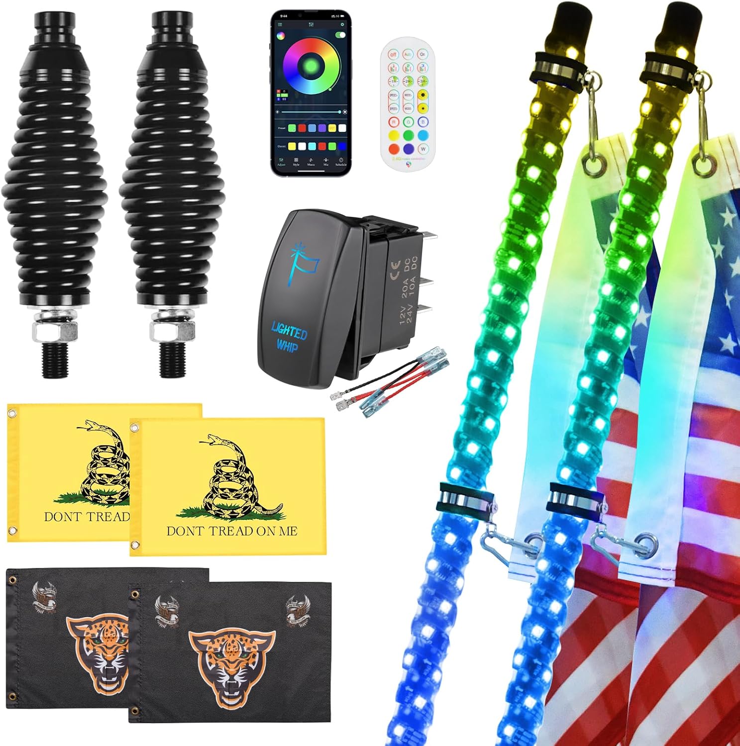 2 Pack 3FT Whip Lights with Spring Base,LED Whip Light with App & Remote Control...