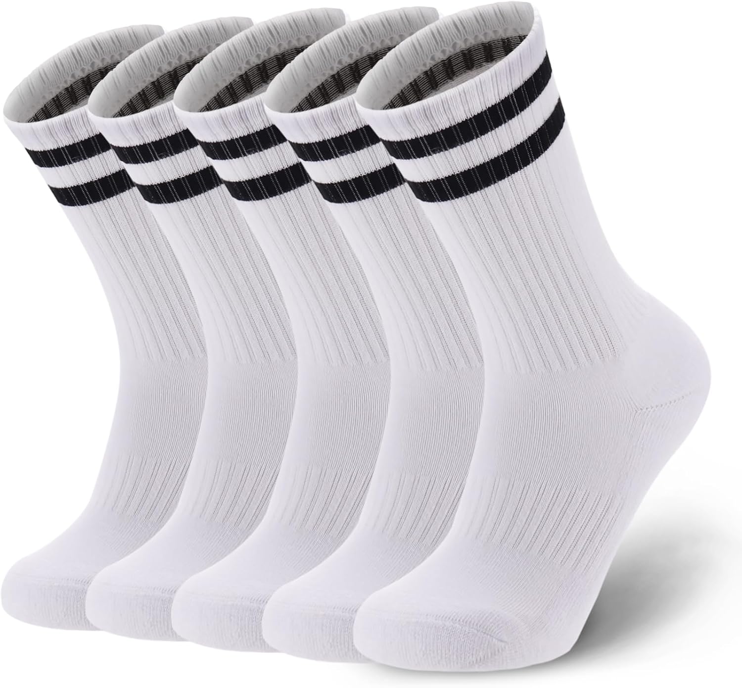 Ultrafun 5 Pairs Striped Crew Socks Cotton Cushioned Athletic Sports Running Soc...