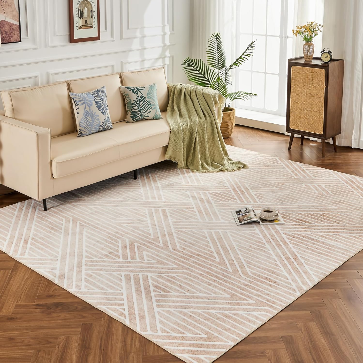 INGEROOM 6x9 Washable Area Rugs, Beige Geometric Area Rug for Living Room Bedroo...