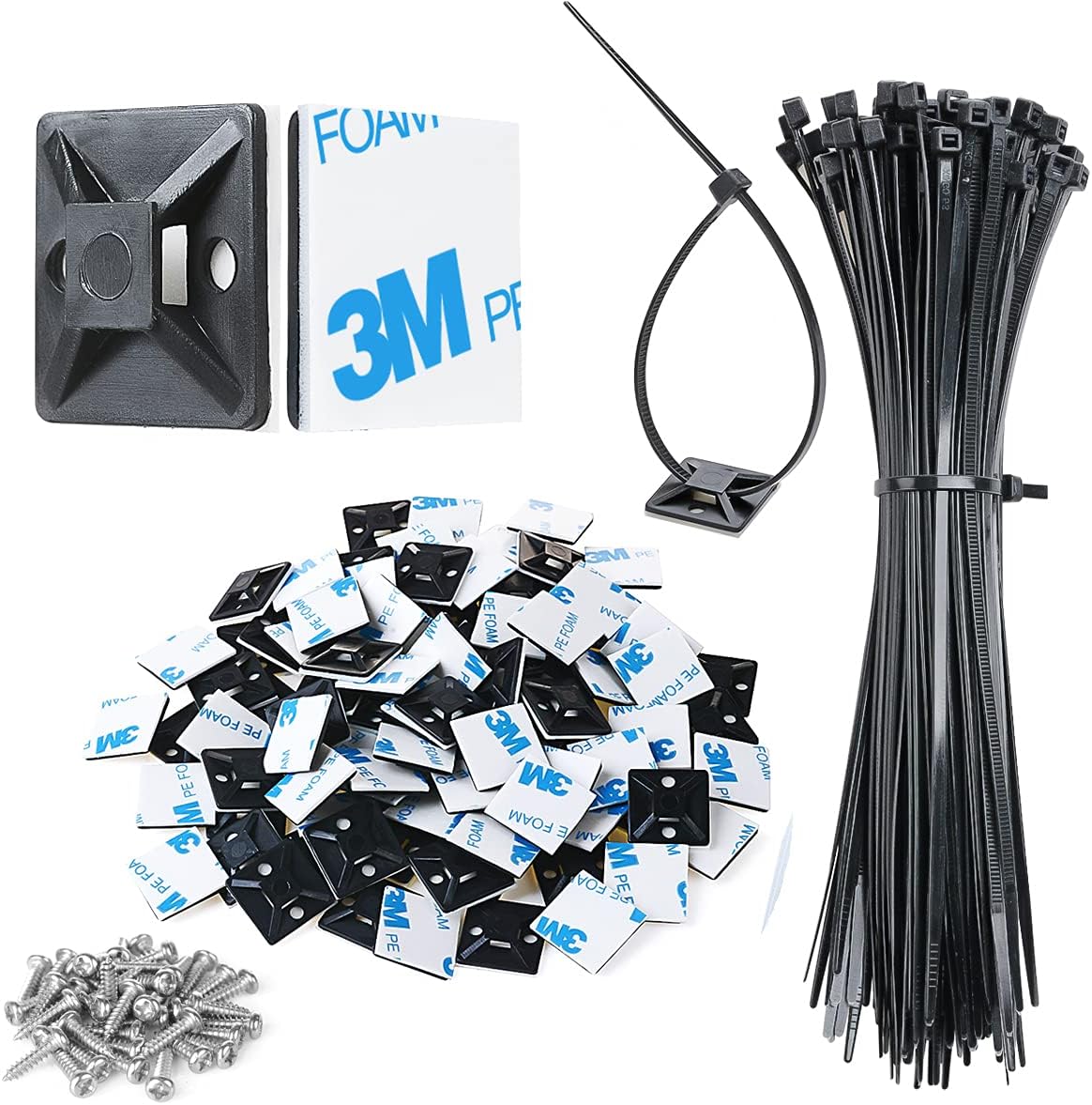 XHF 3/4" Strong Back-Glue Self Adhesive Black Cable Zip Tie Mounts 100pcs with 8...
