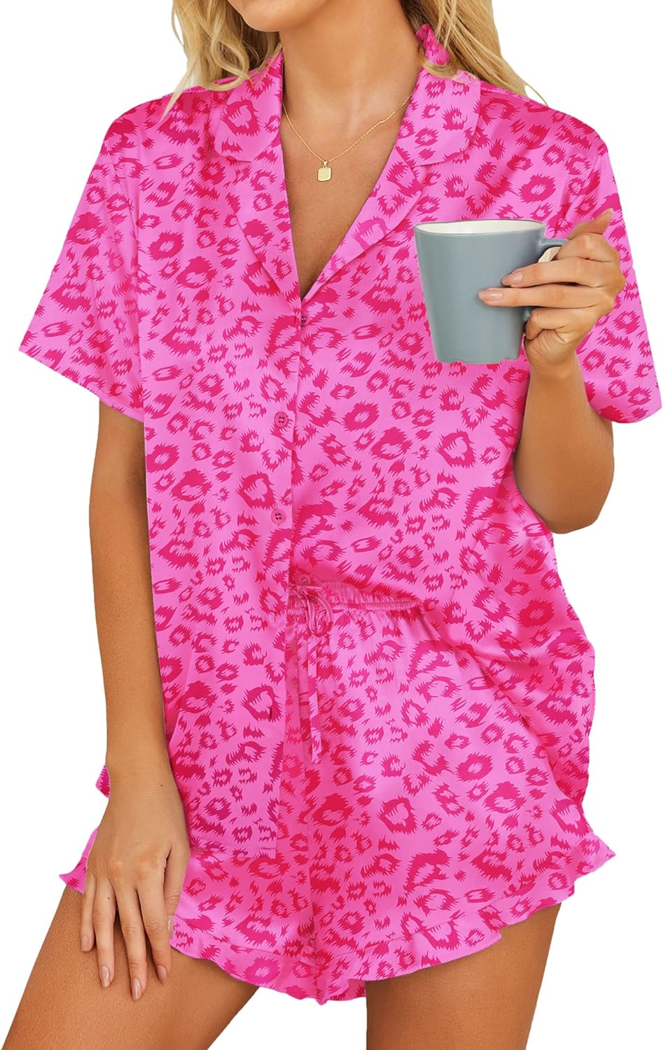 HOTOUCH Womens Satin Pajamas Set Button Down 2 Piece Silk Pjs Shorts Set Ruffle...
