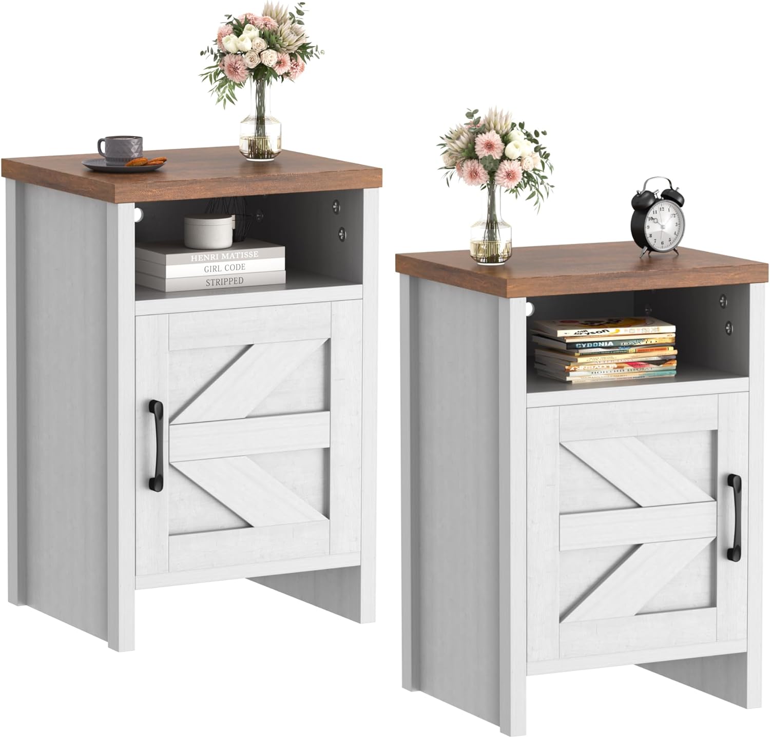 JUMMICO Farmhouse Nightstand, Modern Bedside Table with Barn Door and Shelf, Rus...