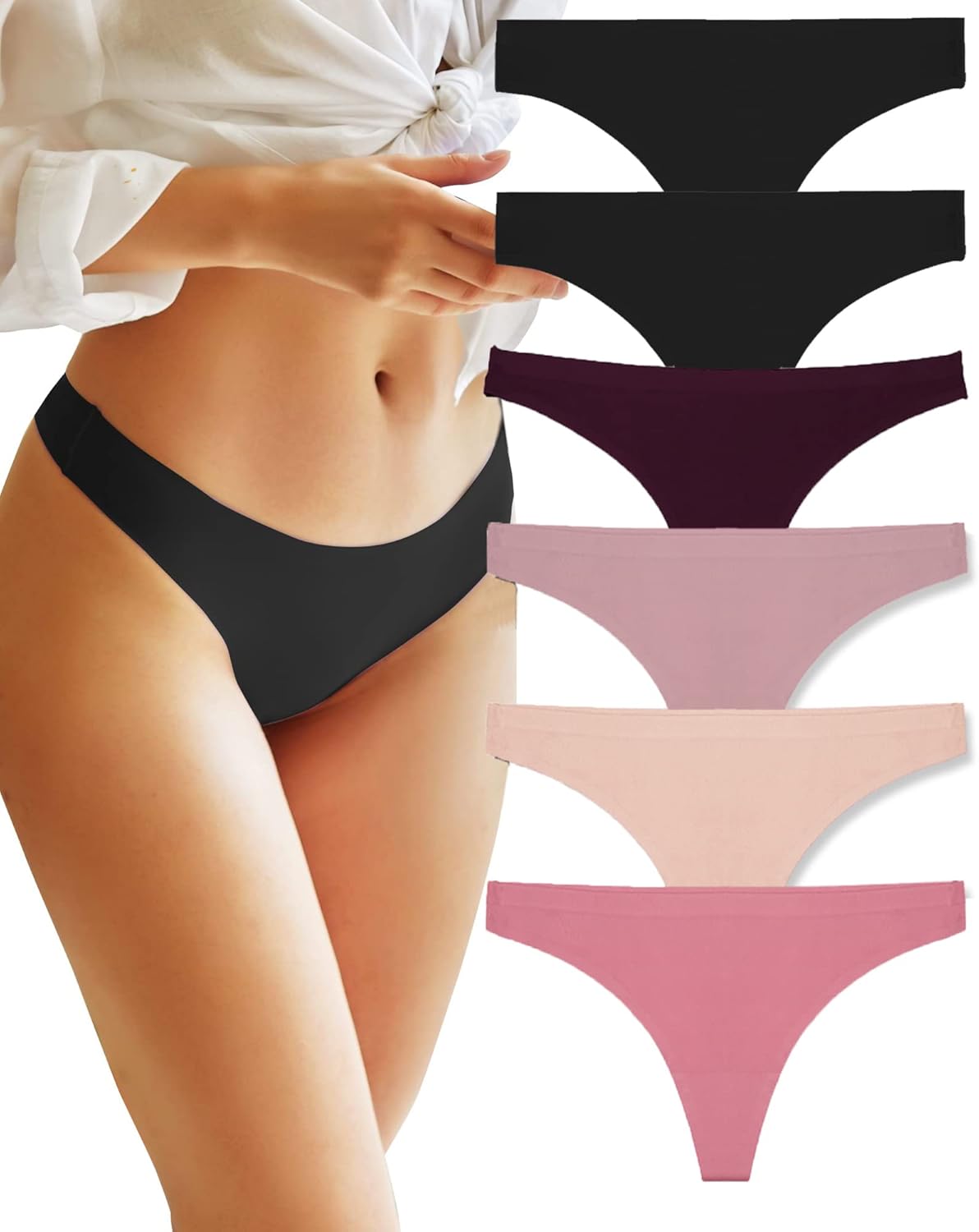 FINETOO 6 Pack Seamless Thongs for Women Breathable Tangas Underwear No Show Str...