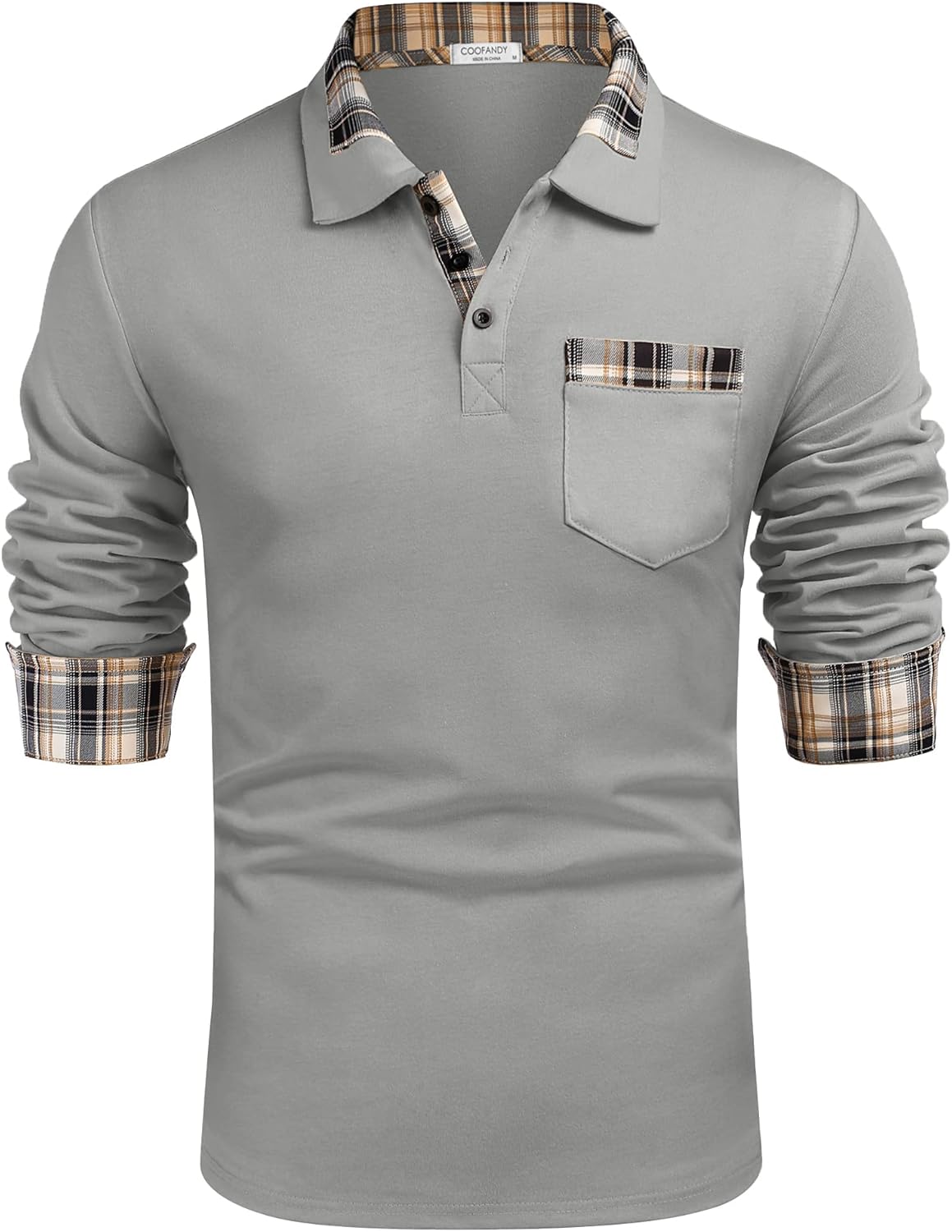 COOFANDY Men's Casual Polo Shirt Long Sleeve Classic Plaid Button Tees with Pock...